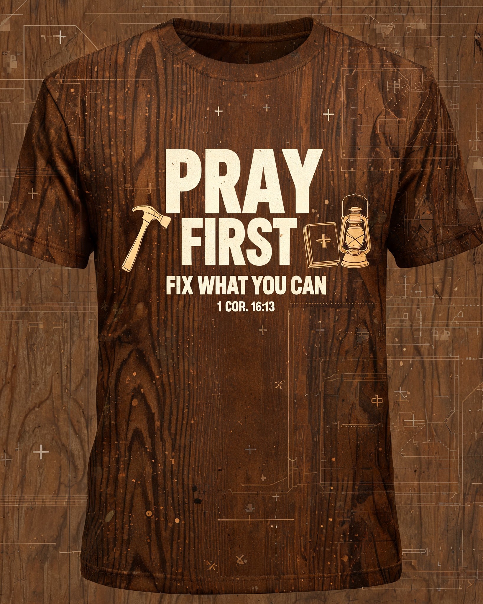 Mens Christian Shirts Funny Pray First Rule Board AOP Tee
