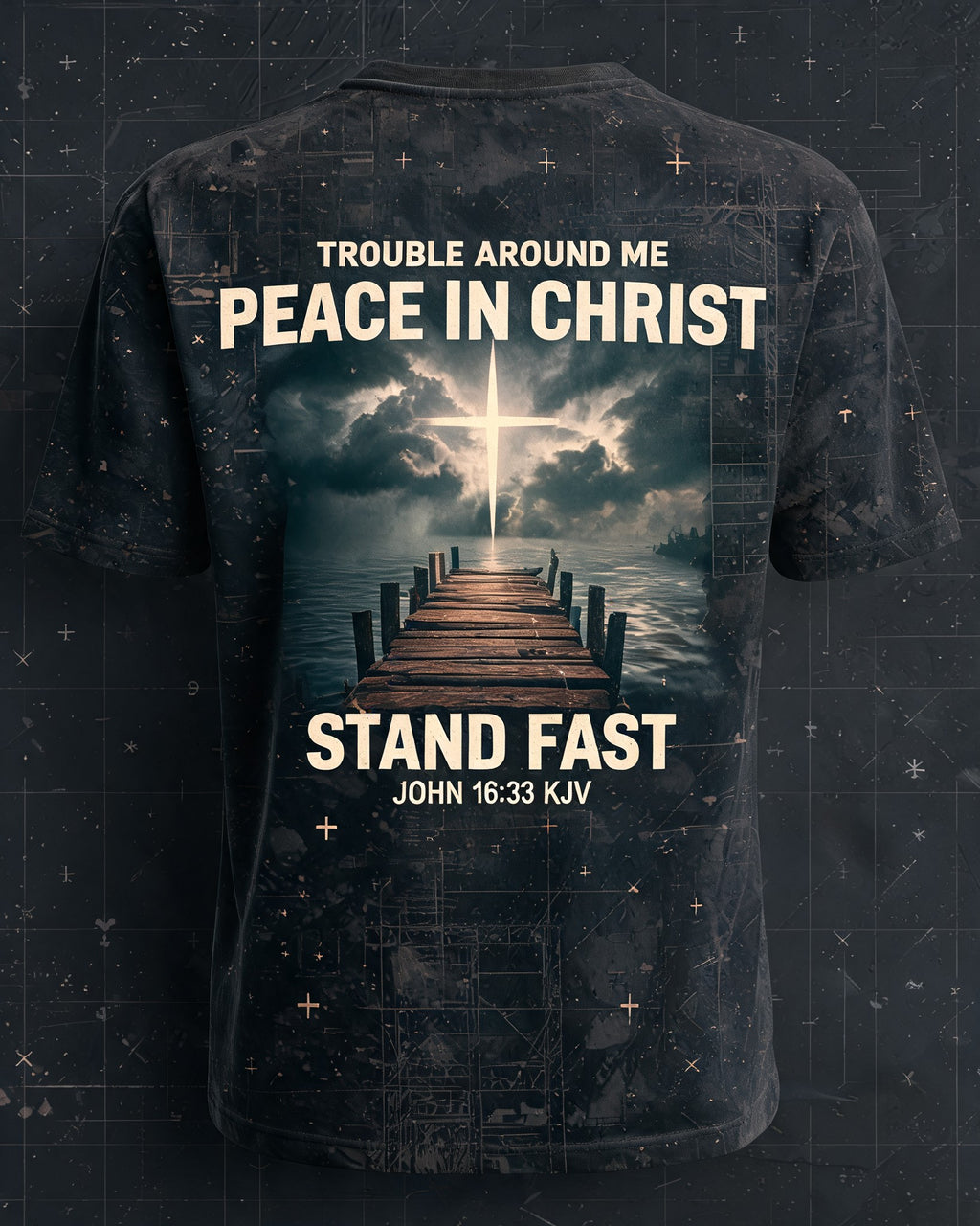Christian Shirt Men John 16 33 Trouble Peace Stand Fast AOP Tee