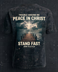 Christian Shirt Men John 16 33 Trouble Peace Stand Fast AOP Tee