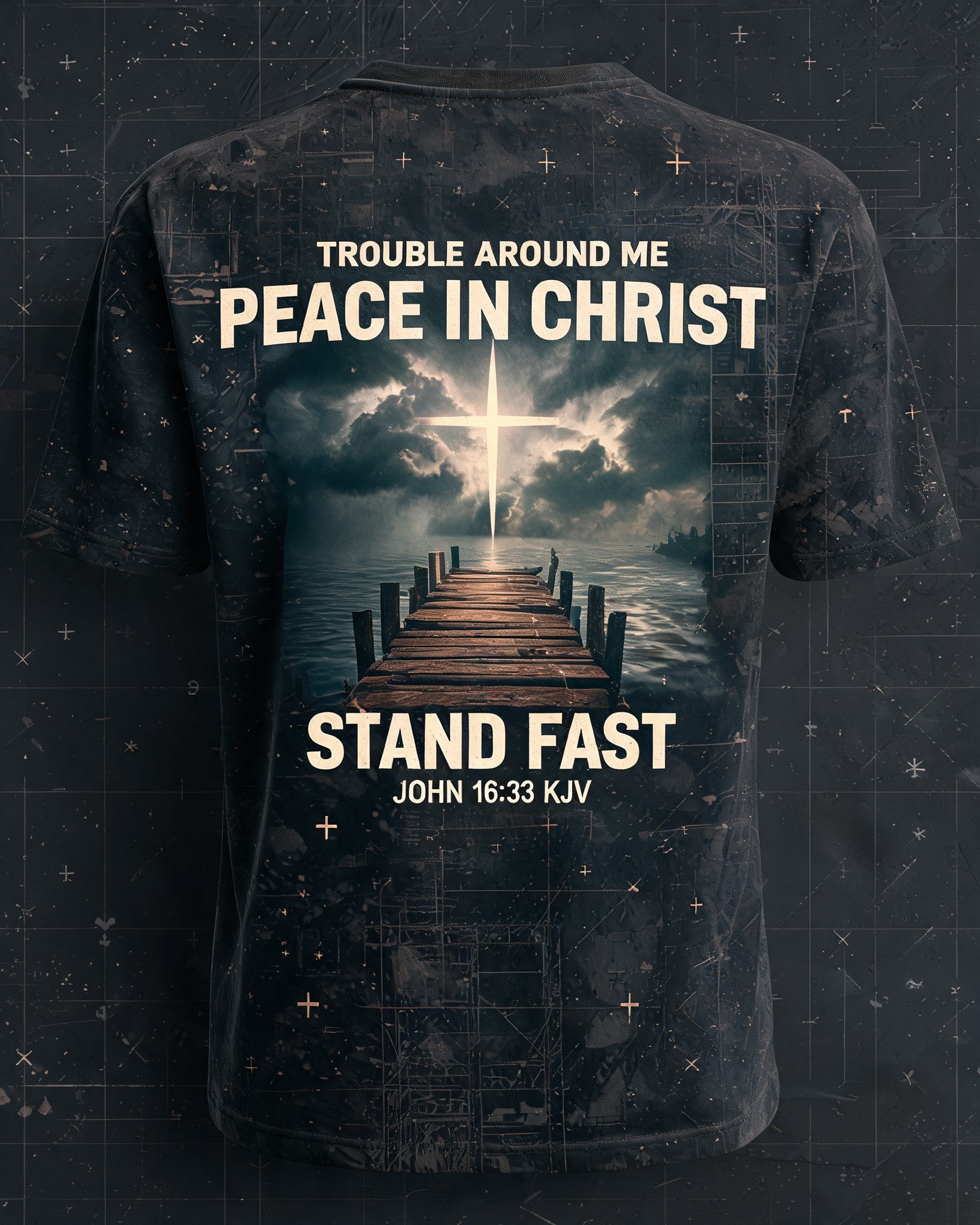 Christian Shirt Men John 16 33 Trouble Peace Stand Fast AOP Tee