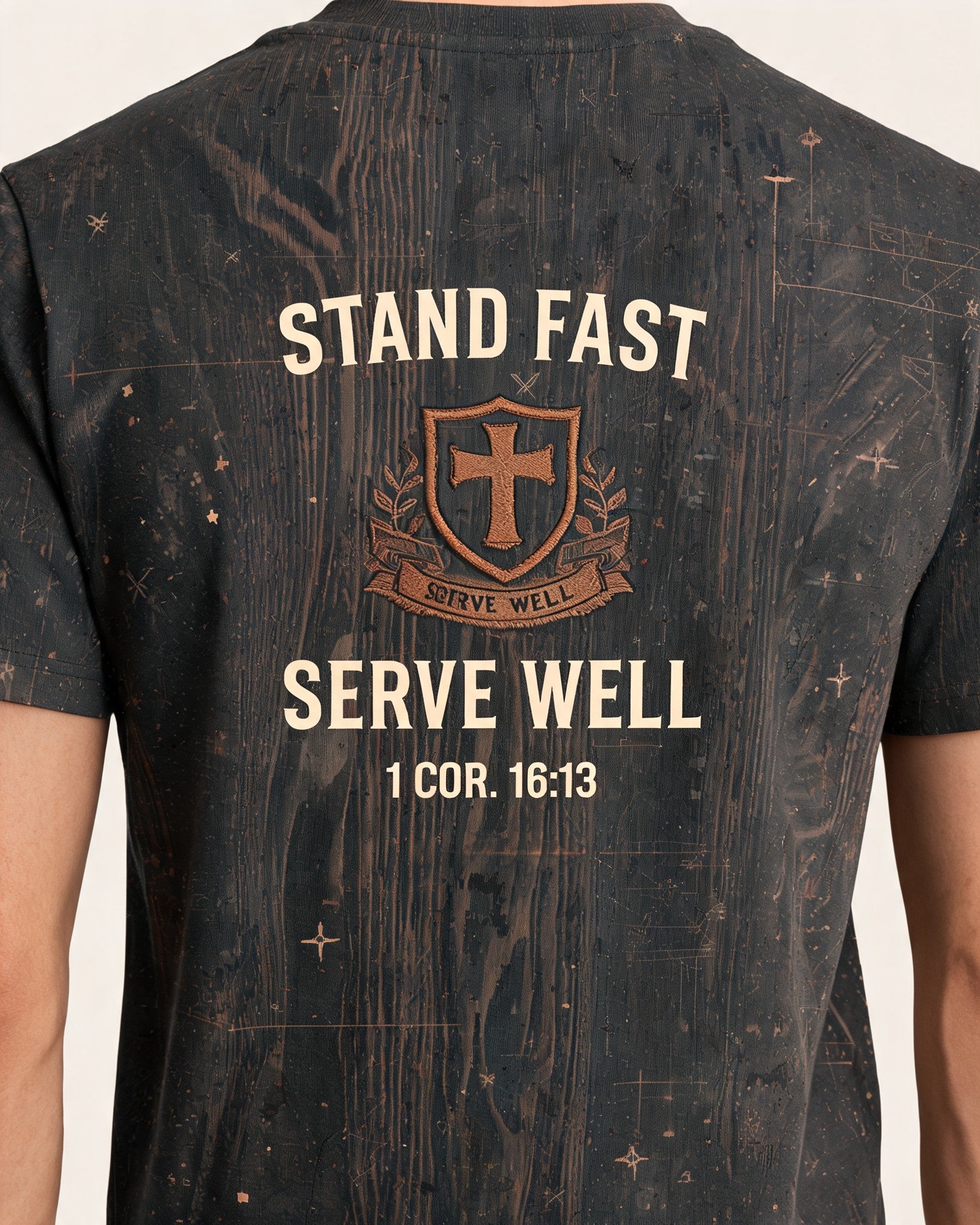 Stand Fast Christian Shirt Serve Well Emblem AOP Tee