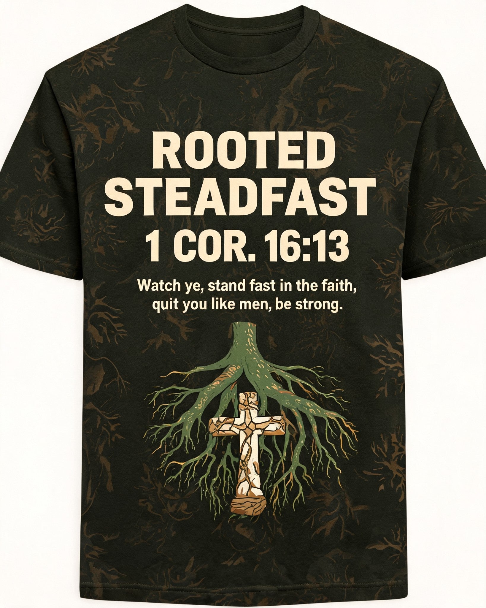 Christian Shirt Green Rooted Steadfast Men Short Sleeve AOP Tee