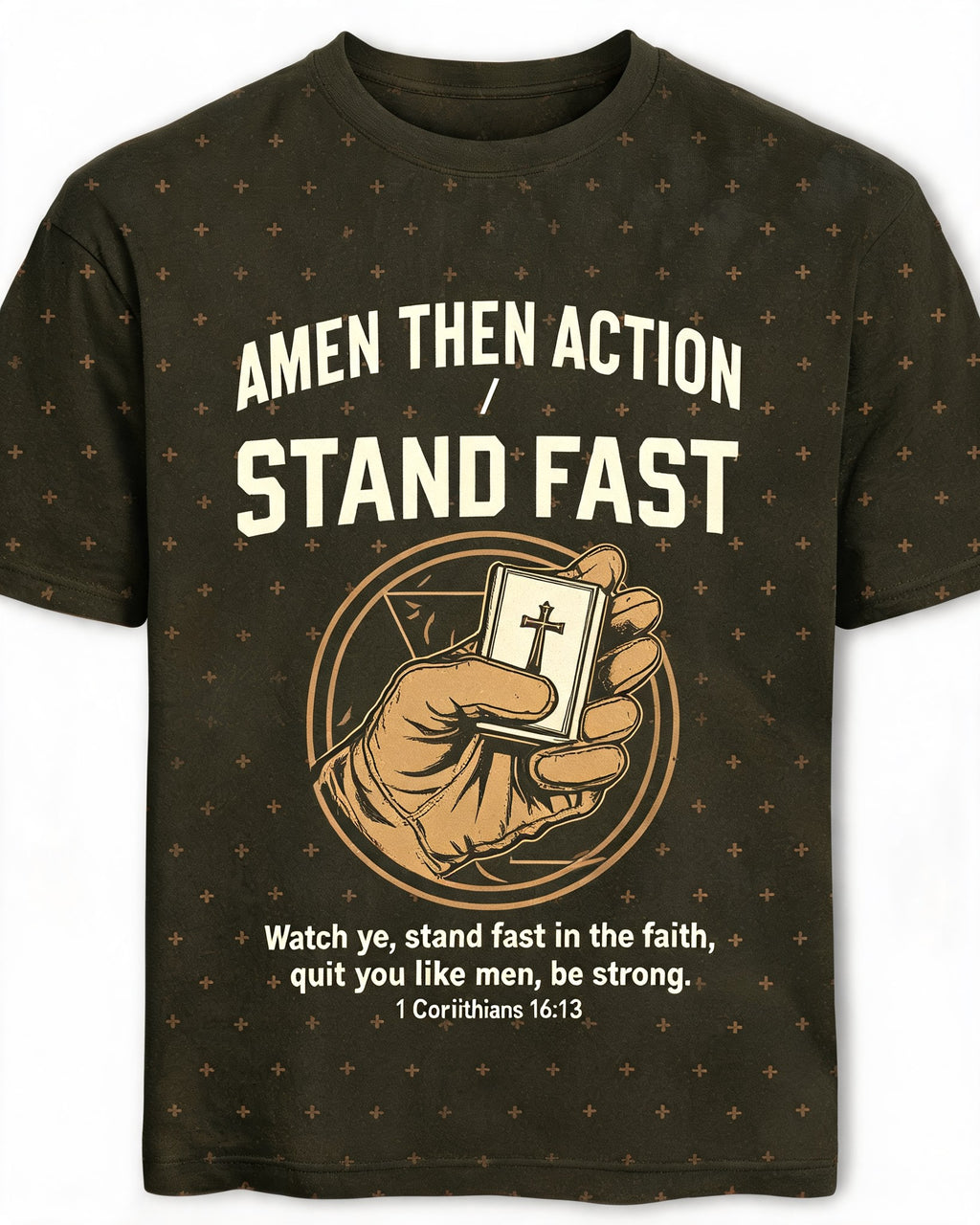 Mens Christian Shirts Funny Amen Then Action Short Sleeve AOP Tee