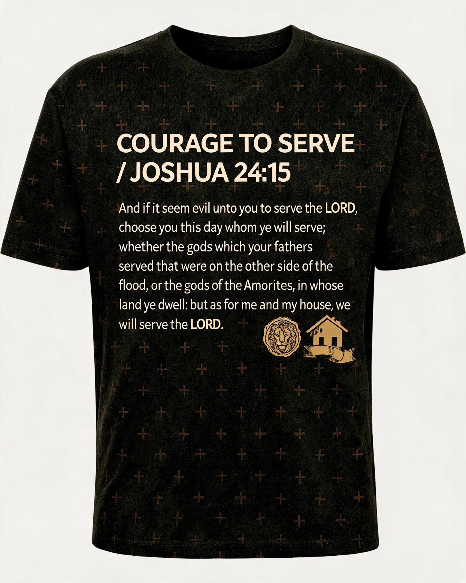 Christian Shirt Lion Courage To Serve Joshua 24:15 AOP Tee
