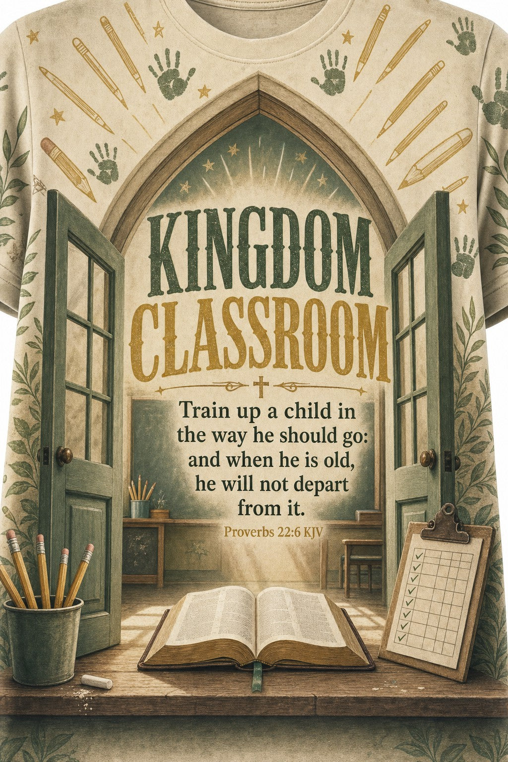 Christian Teacher Shirt Back To School Kingdom Classroom Proverbs 22:6 KJV AOP Tee