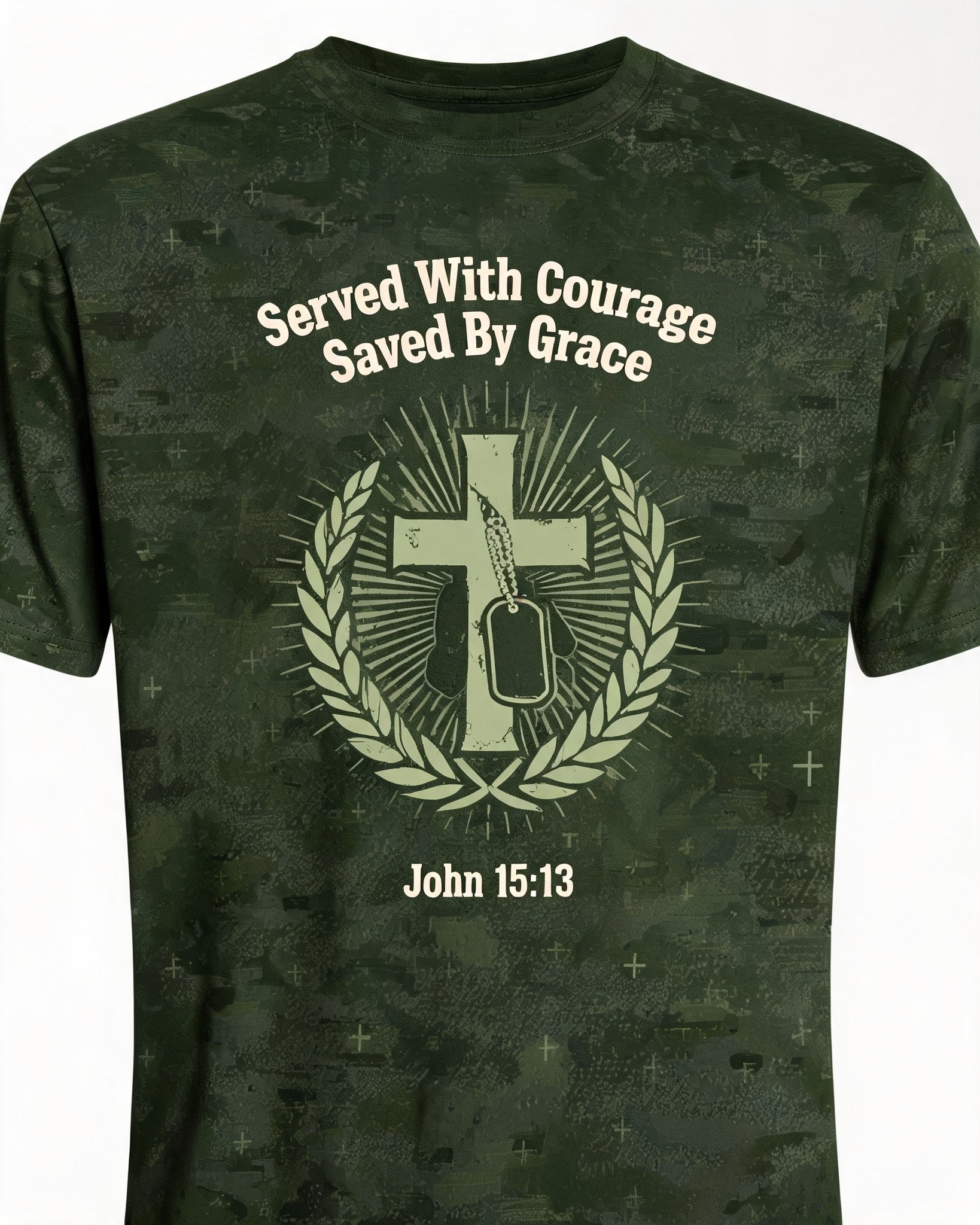 Christian Veteran Gift Served With Courage Saved By Grace AOP T-shirt