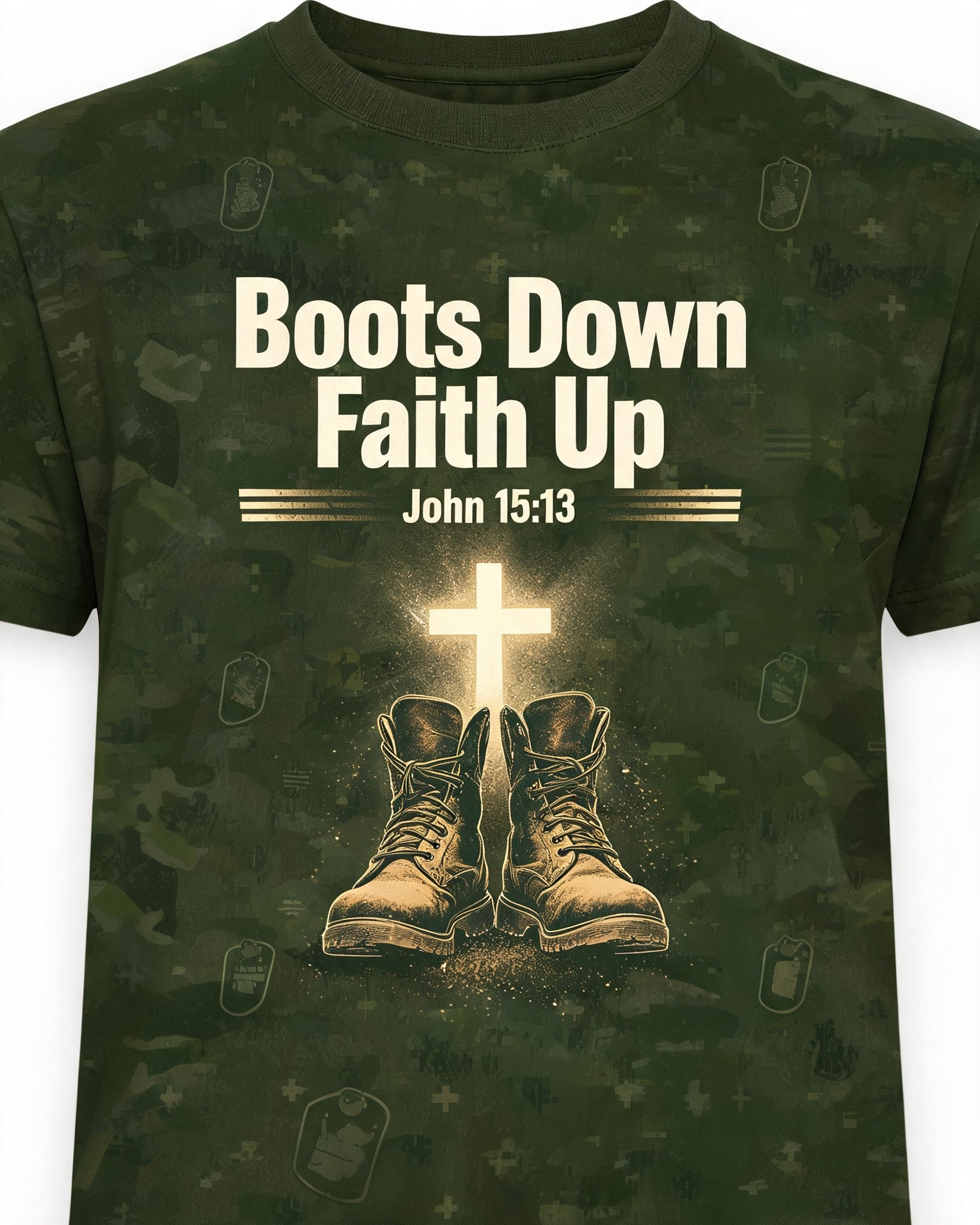 Boots Down Faith Up Christian Veteran AOP T-shirt