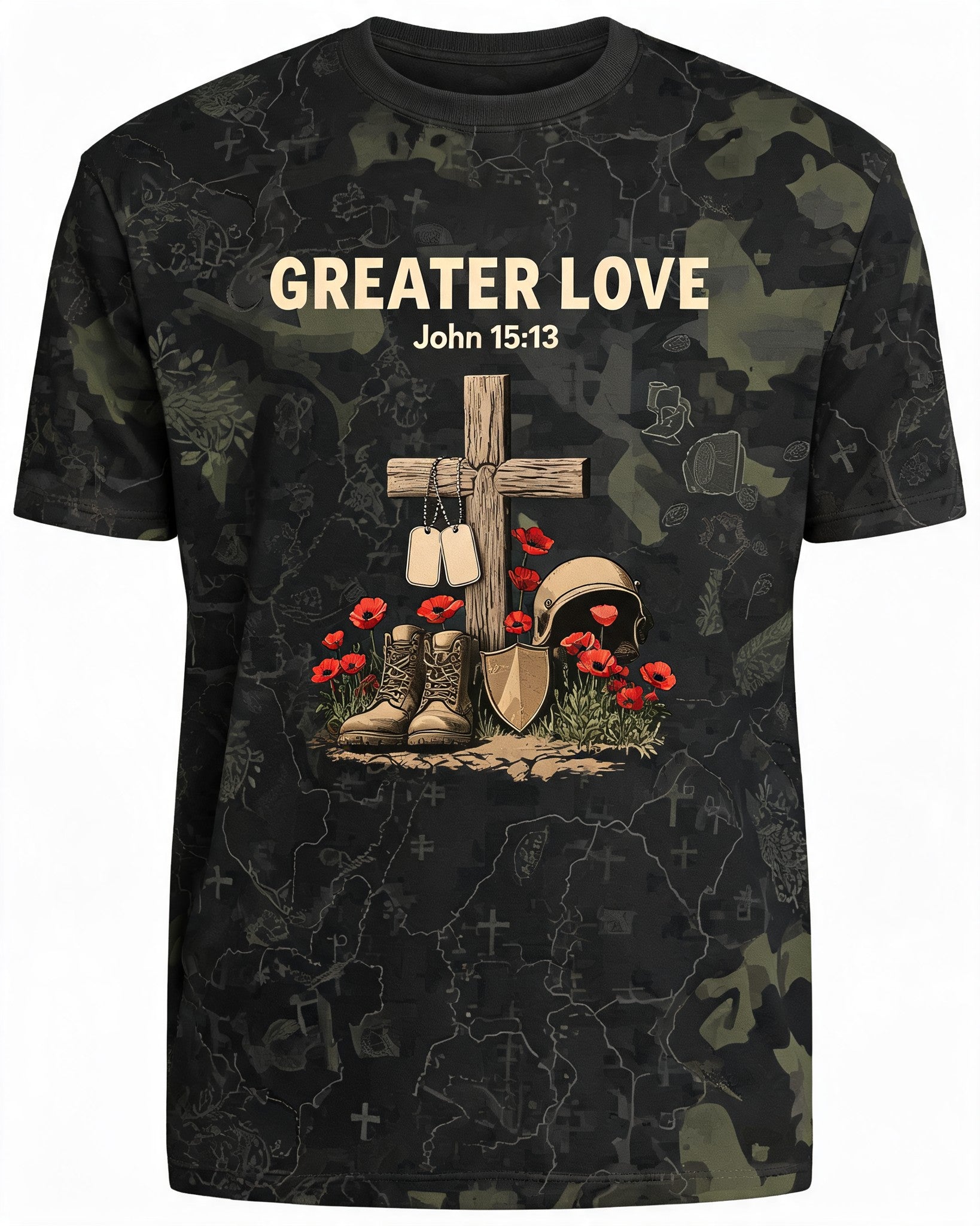 Christian Shirt Green - Greater Love Veteran Short Sleeve AOP Tee