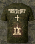 Christian Shirt Cross - Freedom Was Bought Grace Was Given Short Sleeve AOP Tee