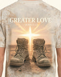 Christian Veteran Shirt Greater Love Empty Boots AOP T-shirt
