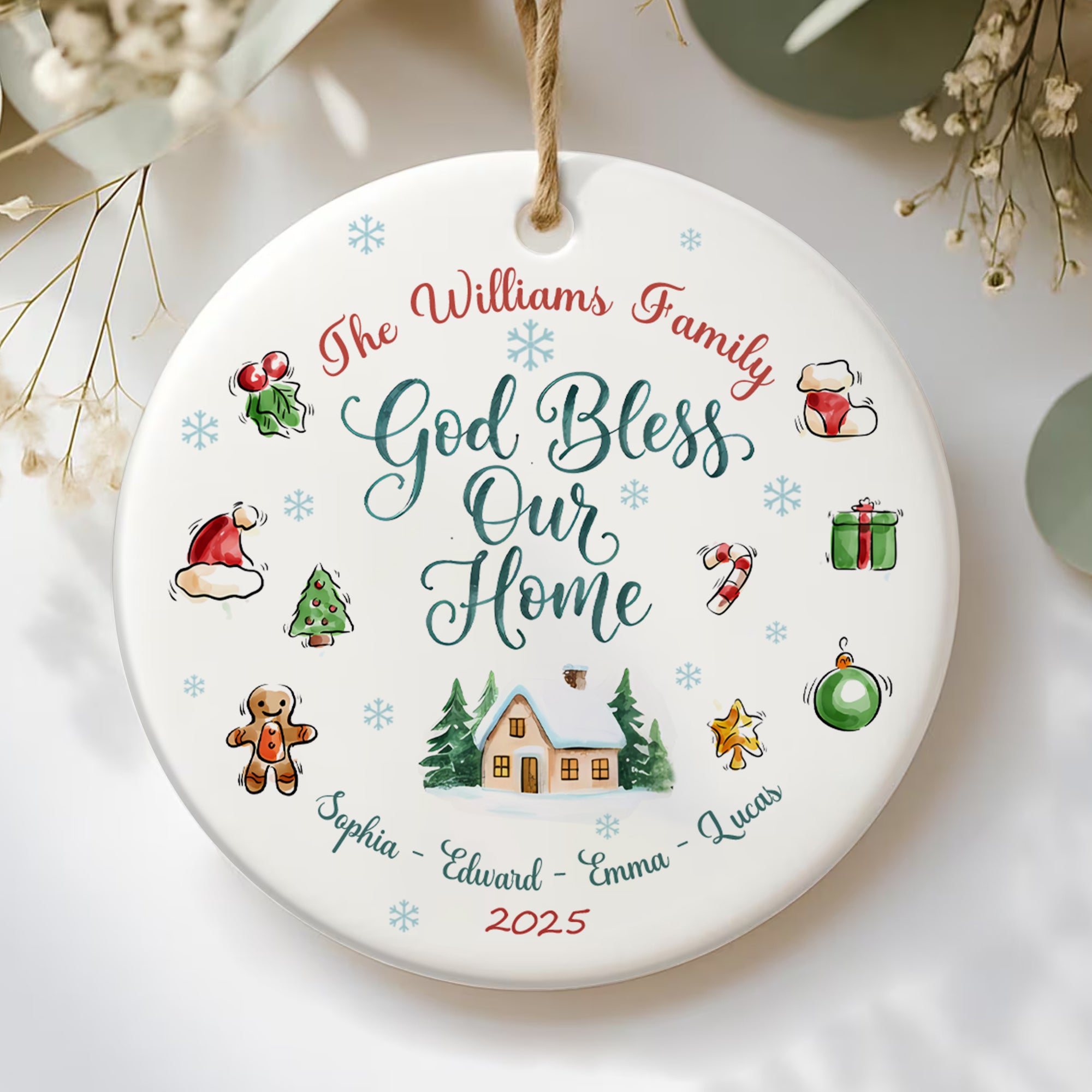 God Bless Our Home Personalized Ceramic Ornament, Custom Family Name, Custom Year