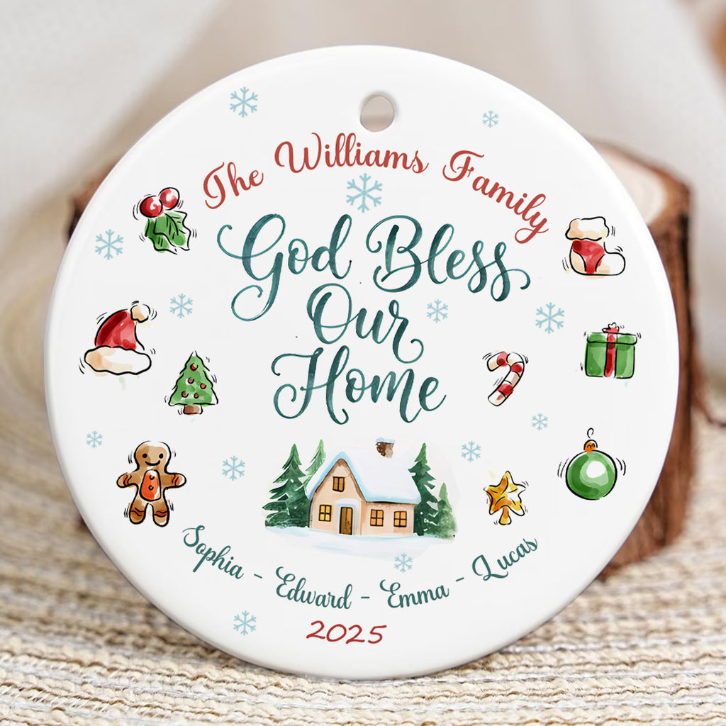God Bless Our Home Personalized Ceramic Ornament, Custom Family Name, Custom Year