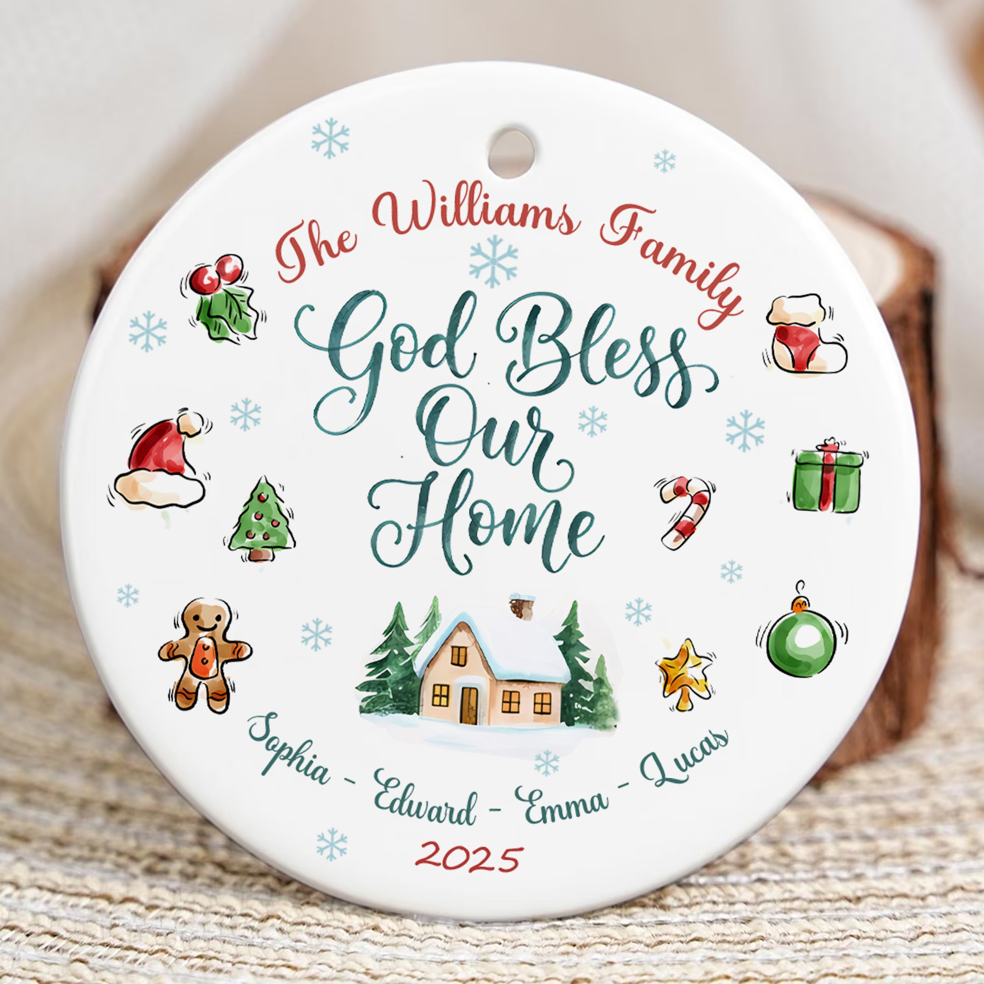 God Bless Our Home Personalized Ceramic Ornament, Custom Family Name, Custom Year