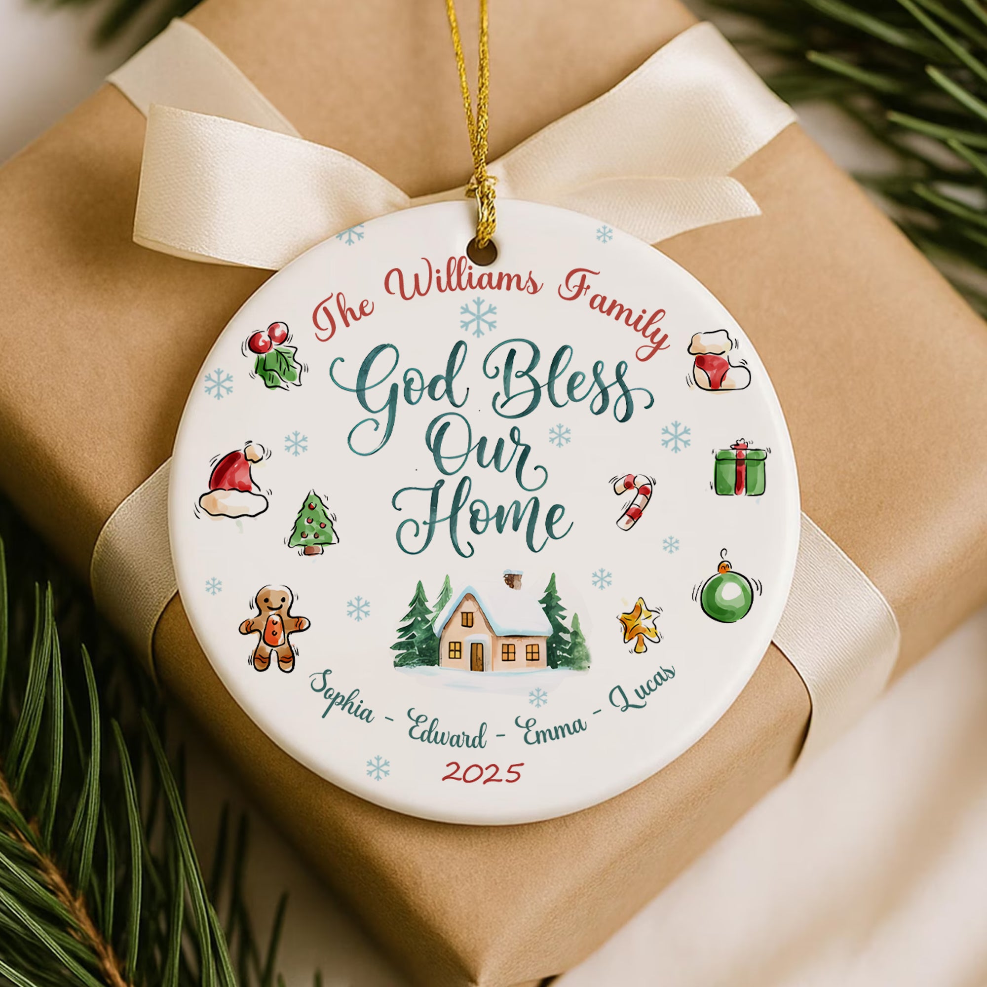 God Bless Our Home Personalized Ceramic Ornament, Custom Family Name, Custom Year
