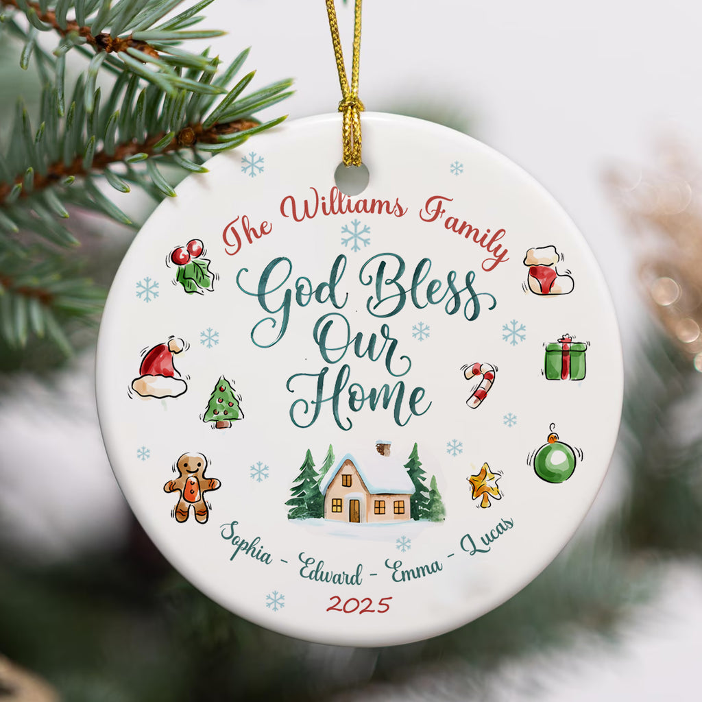 God Bless Our Home Personalized Ceramic Ornament, Custom Family Name, Custom Year