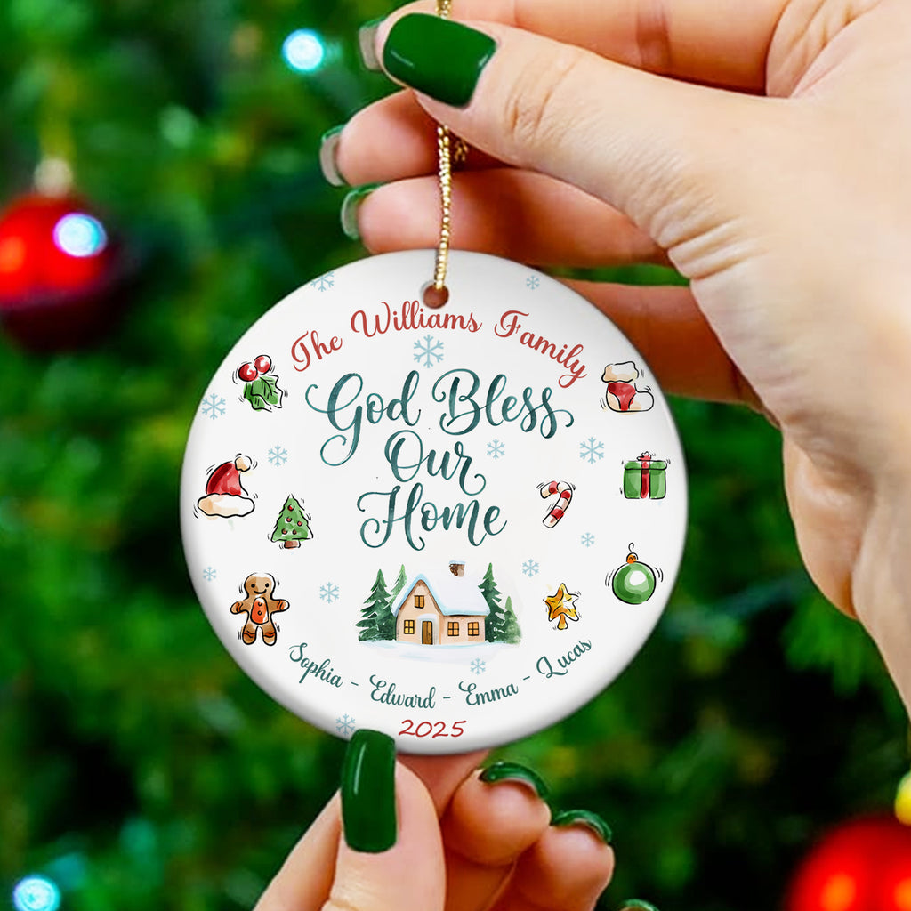 God Bless Our Home Personalized Ceramic Ornament, Custom Family Name, Custom Year