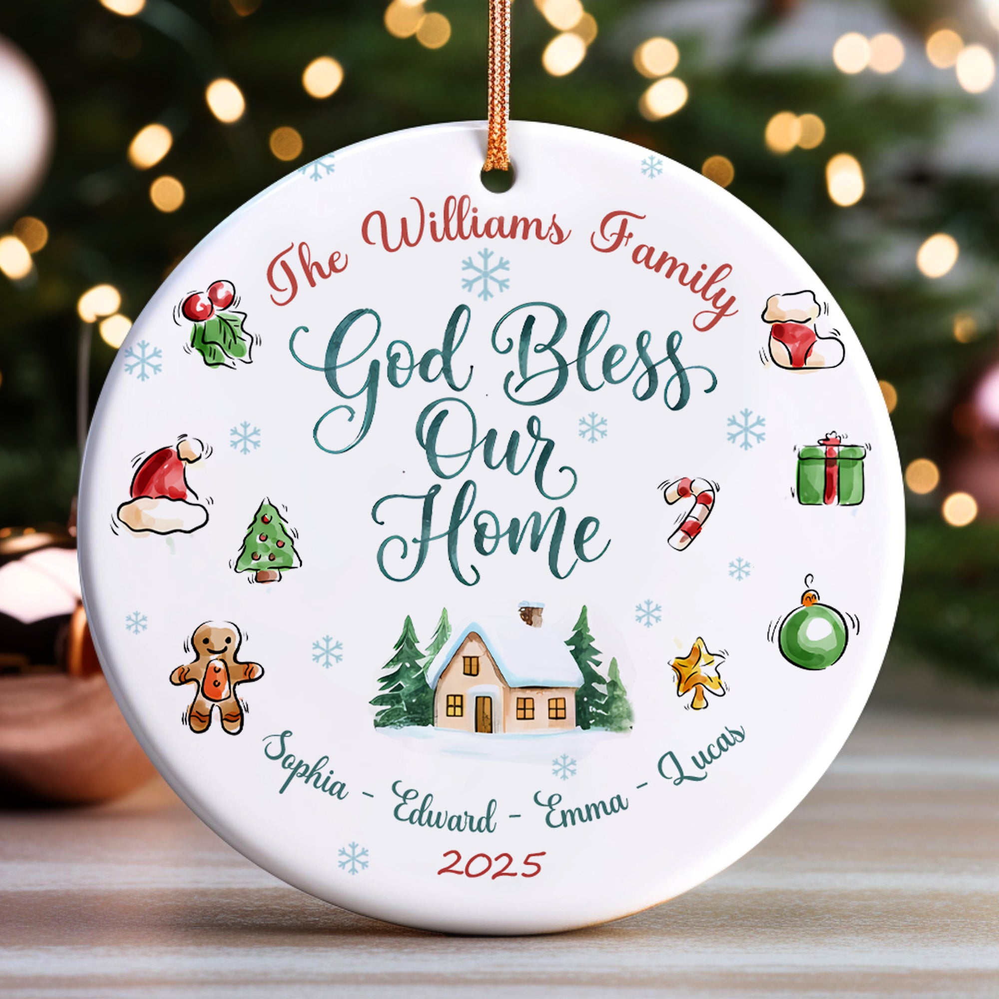 God Bless Our Home Personalized Ceramic Ornament, Custom Family Name, Custom Year