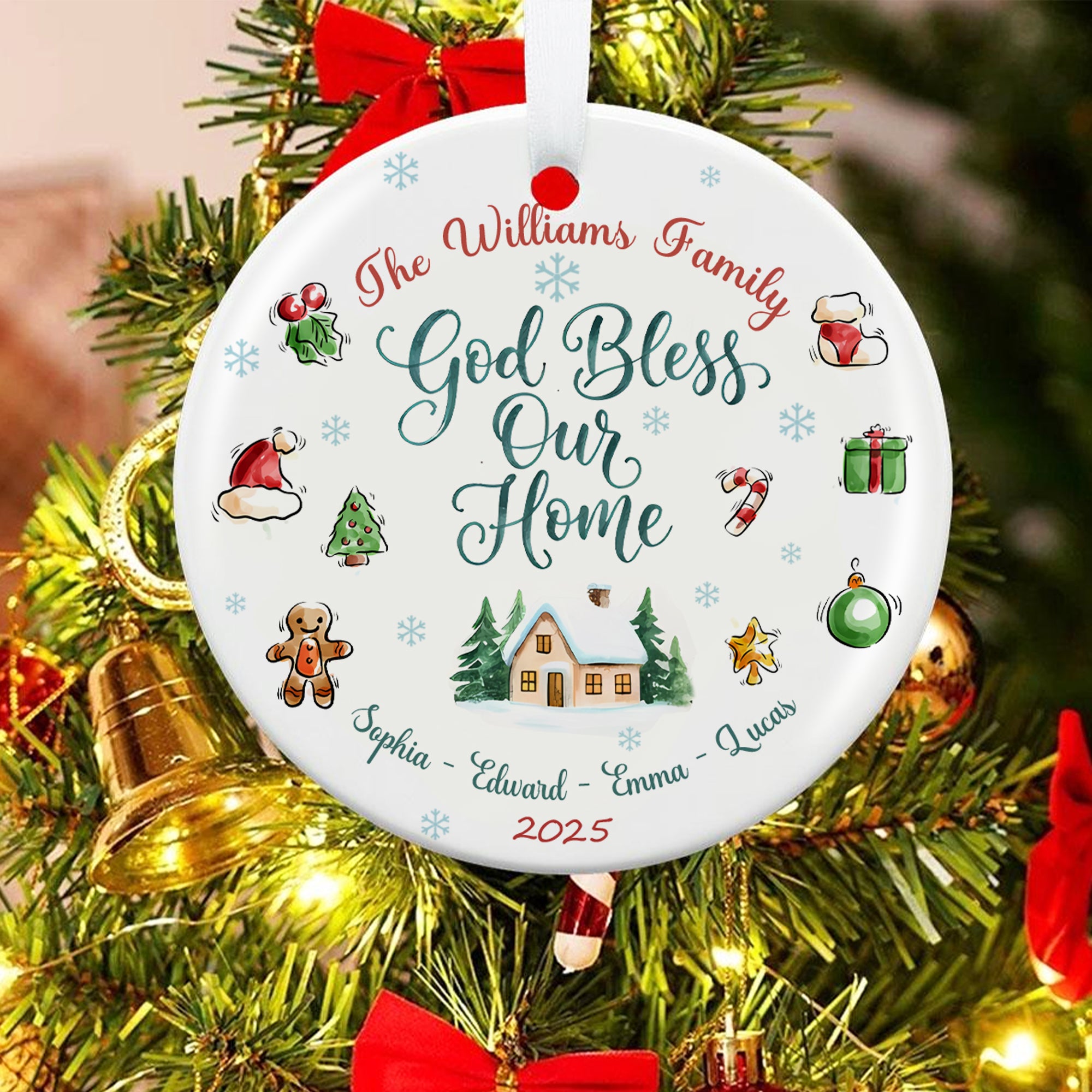 God Bless Our Home Personalized Ceramic Ornament, Custom Family Name, Custom Year