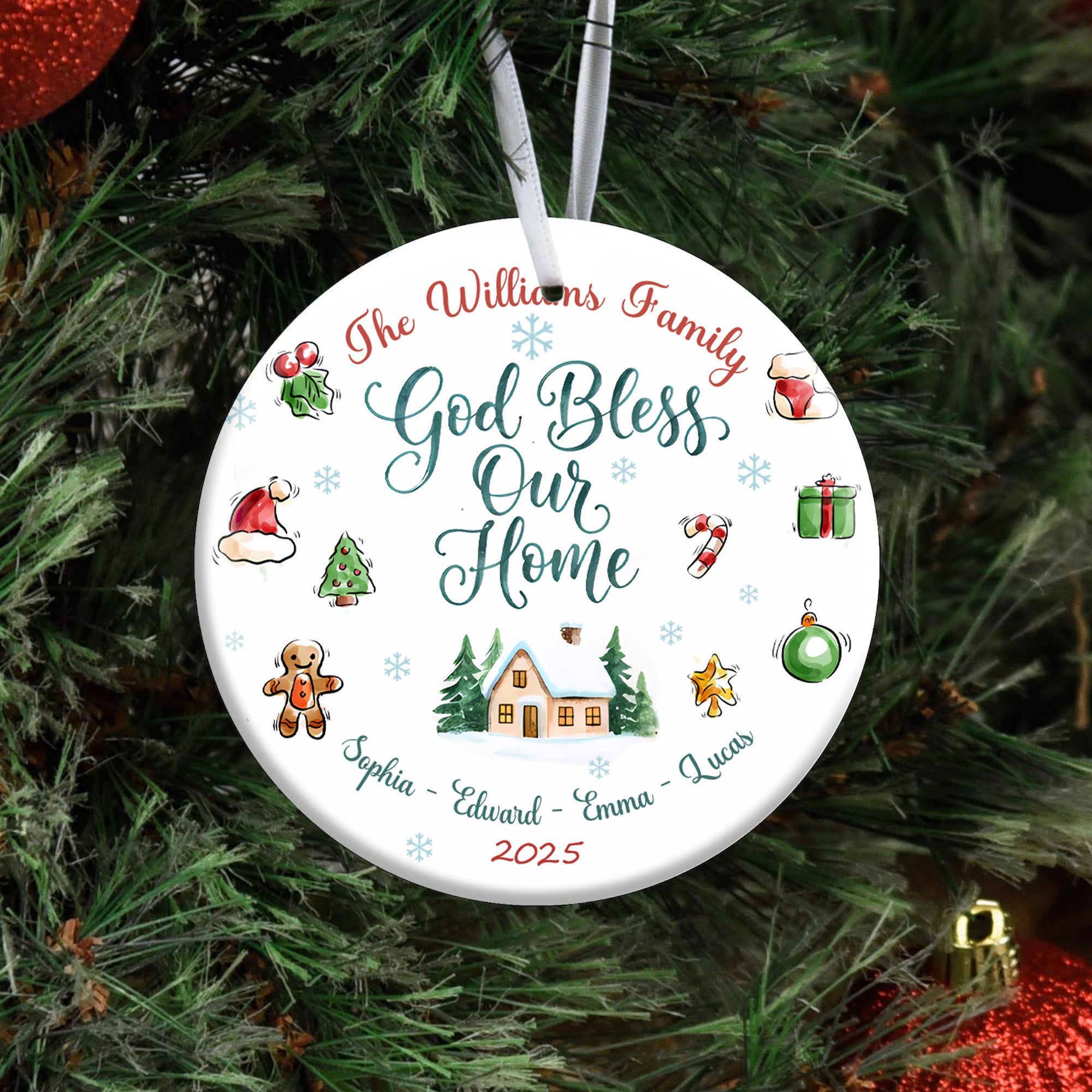God Bless Our Home Personalized Ceramic Ornament, Custom Family Name, Custom Year