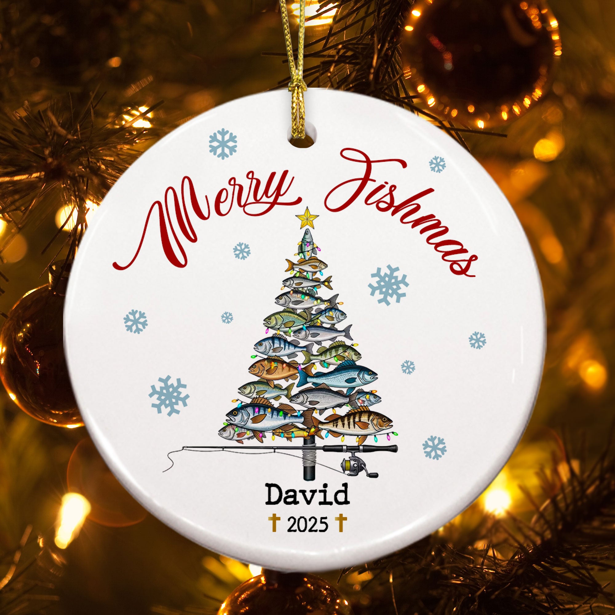 Merry Fishmas Personalized Ceramic Ornament, Custom Name, Custom Year