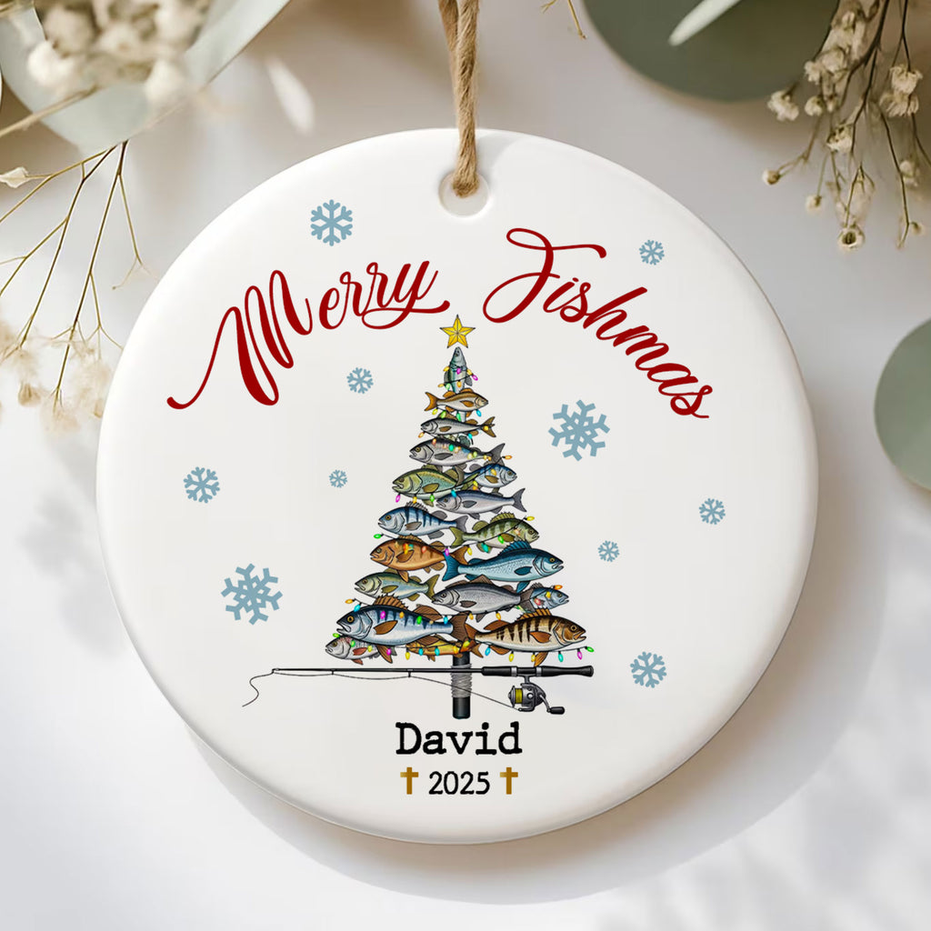 Merry Fishmas Personalized Ceramic Ornament, Custom Name, Custom Year