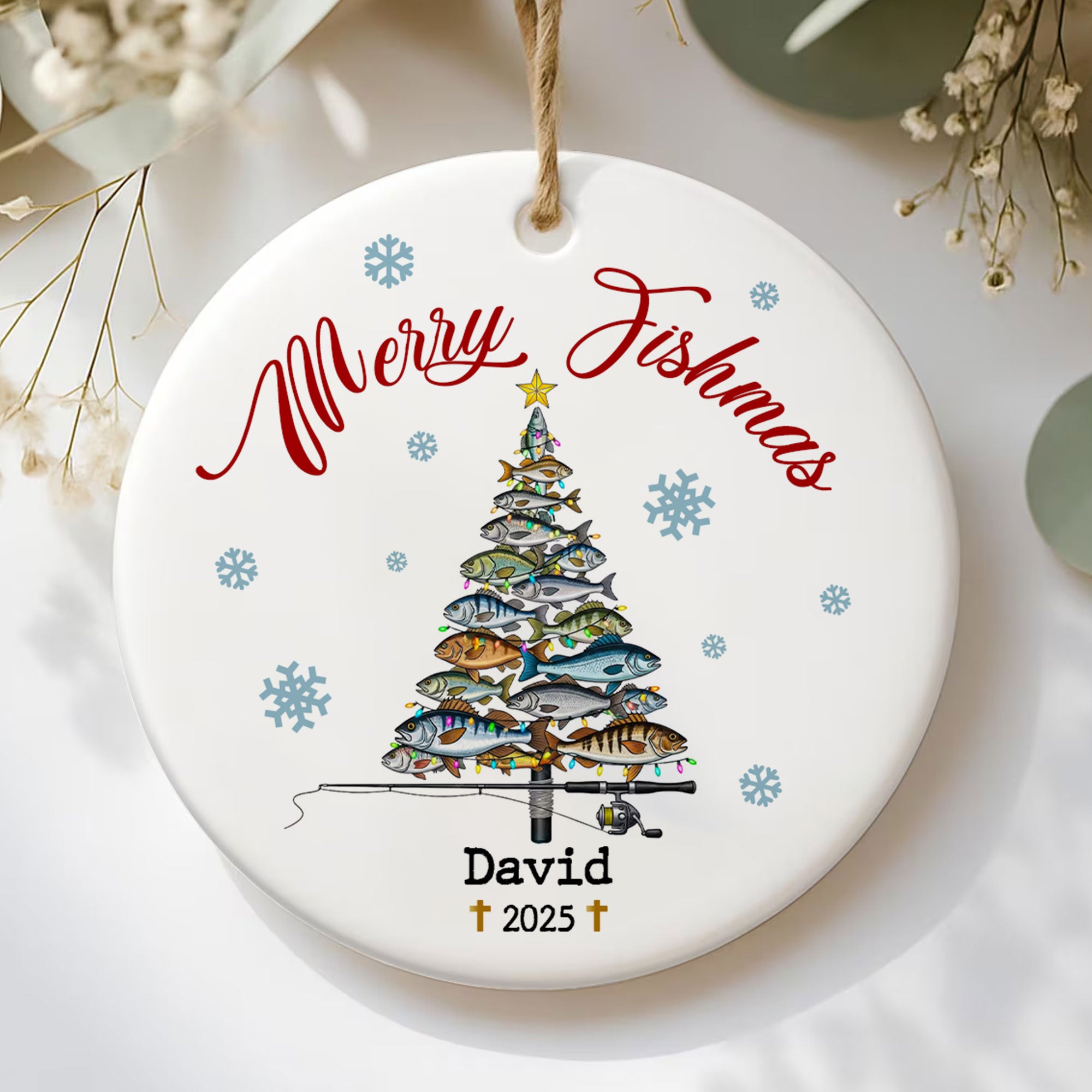 Merry Fishmas Personalized Ceramic Ornament, Custom Name, Custom Year