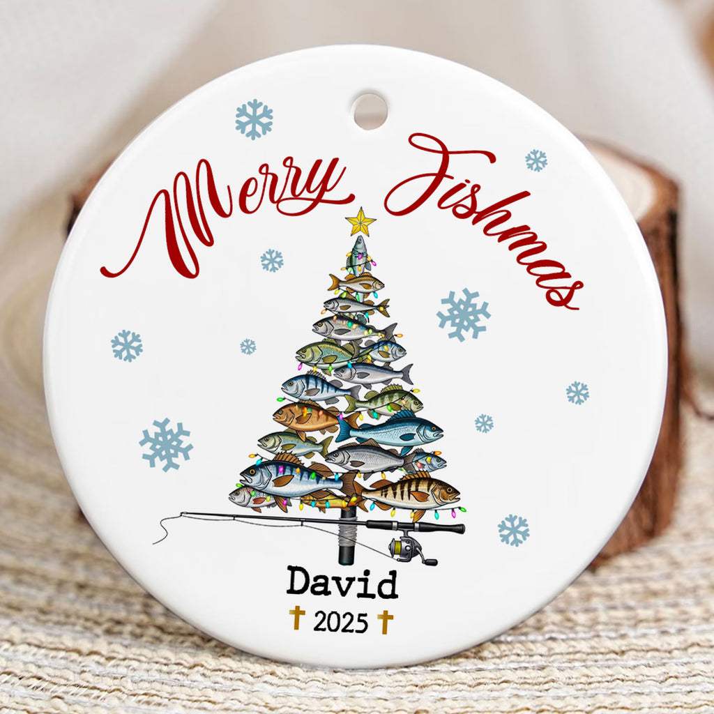 Merry Fishmas Personalized Ceramic Ornament, Custom Name, Custom Year
