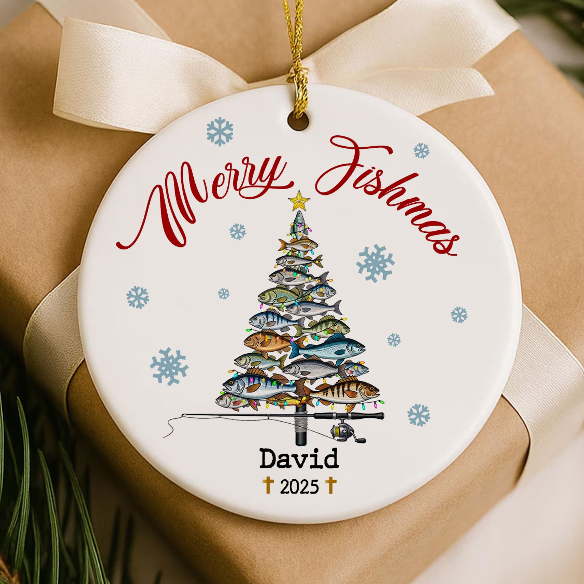 Merry Fishmas Personalized Ceramic Ornament, Custom Name, Custom Year