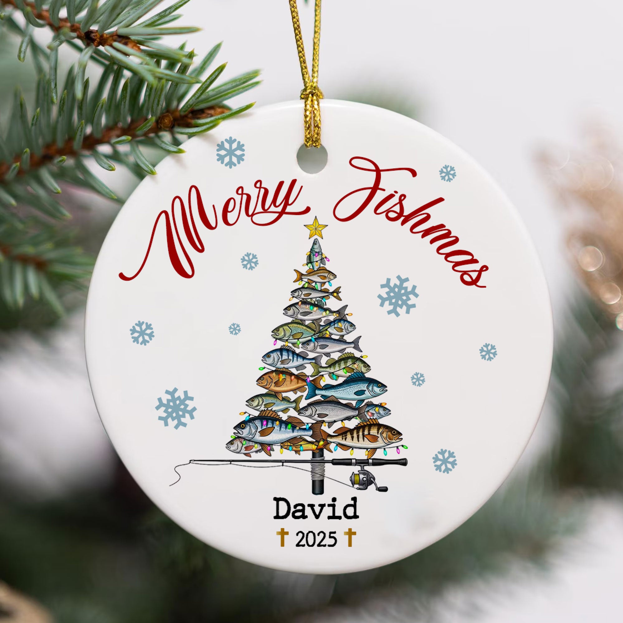 Merry Fishmas Personalized Ceramic Ornament, Custom Name, Custom Year