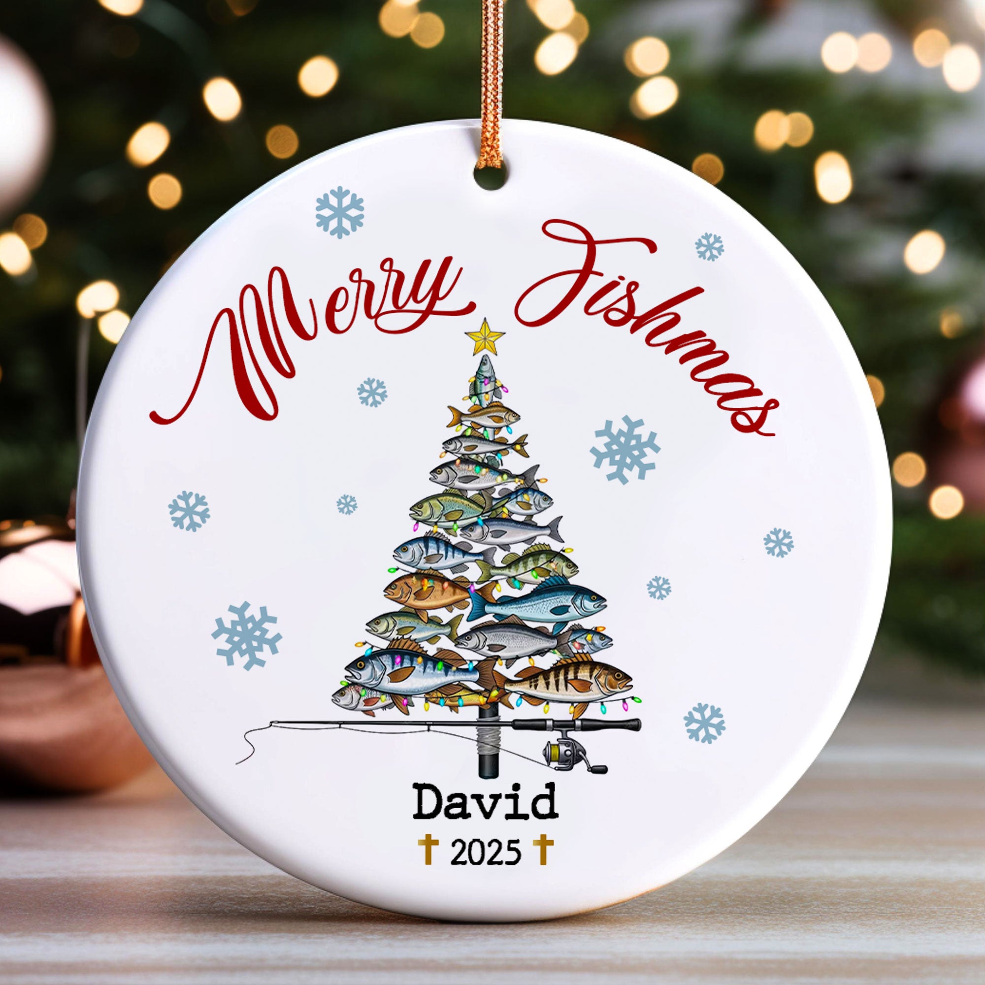 Merry Fishmas Personalized Ceramic Ornament, Custom Name, Custom Year