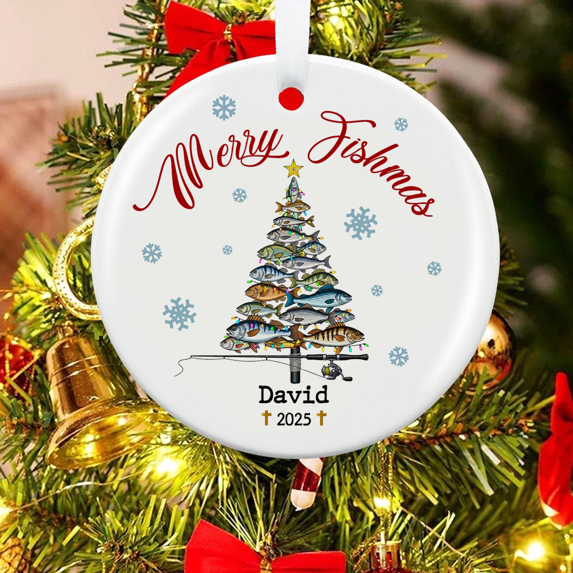 Merry Fishmas Personalized Ceramic Ornament, Custom Name, Custom Year