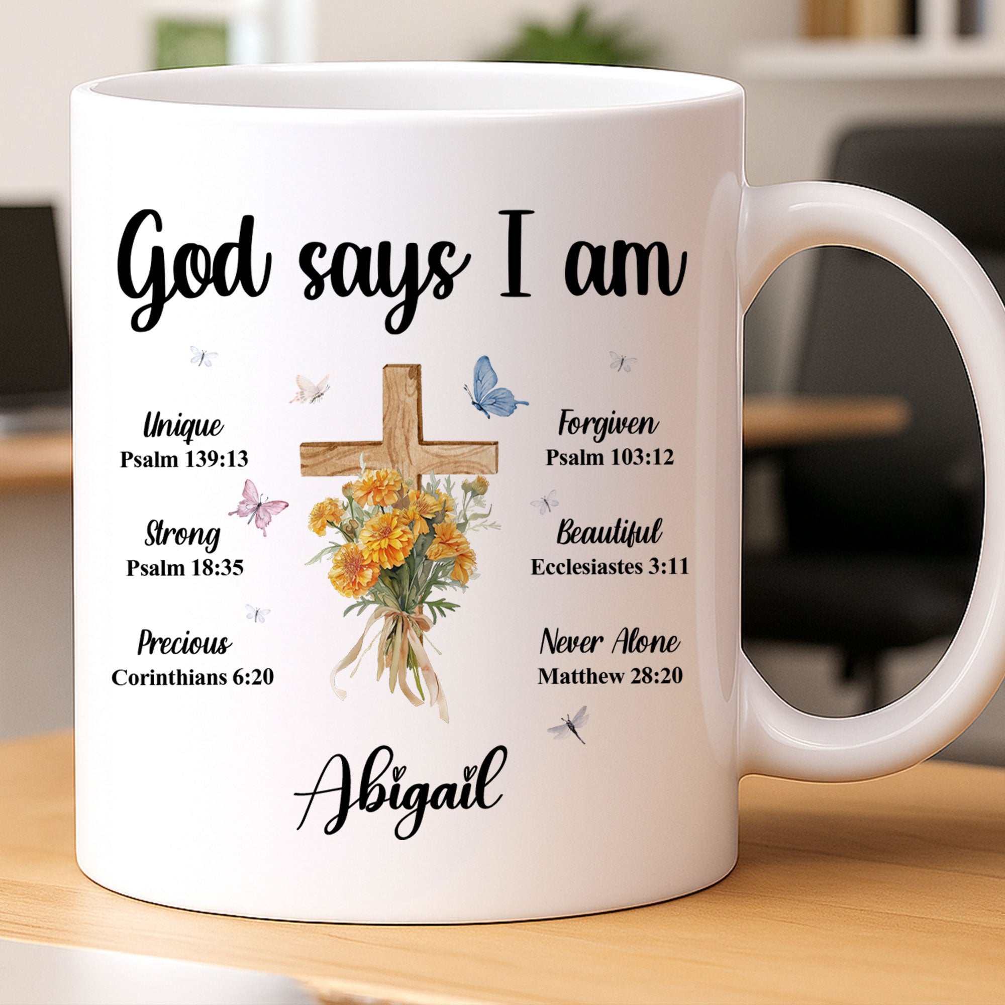 God Says I Am Personalized White Mug, Custom Name and Birth Month Flowers