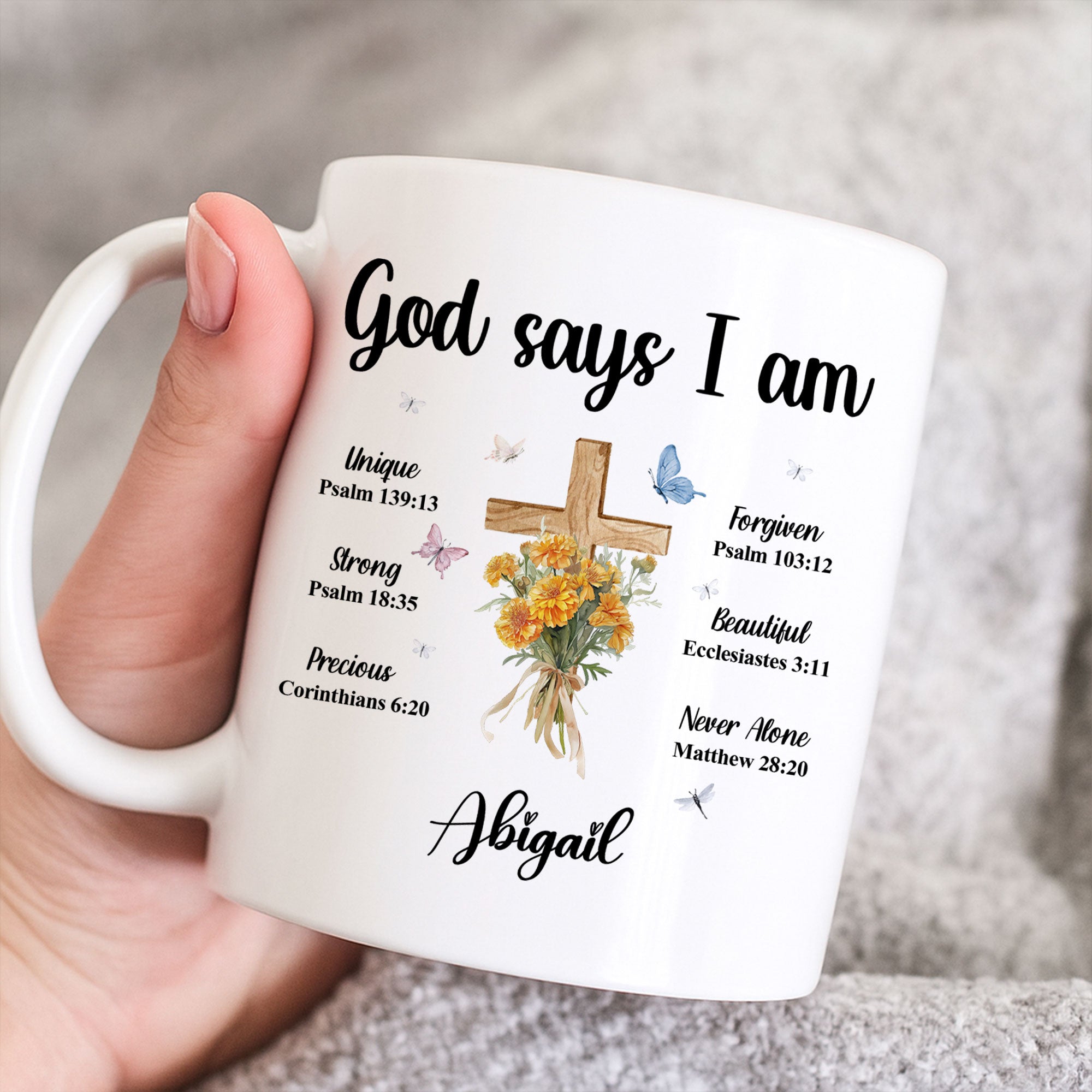 God Says I Am Personalized White Mug, Custom Name and Birth Month Flowers