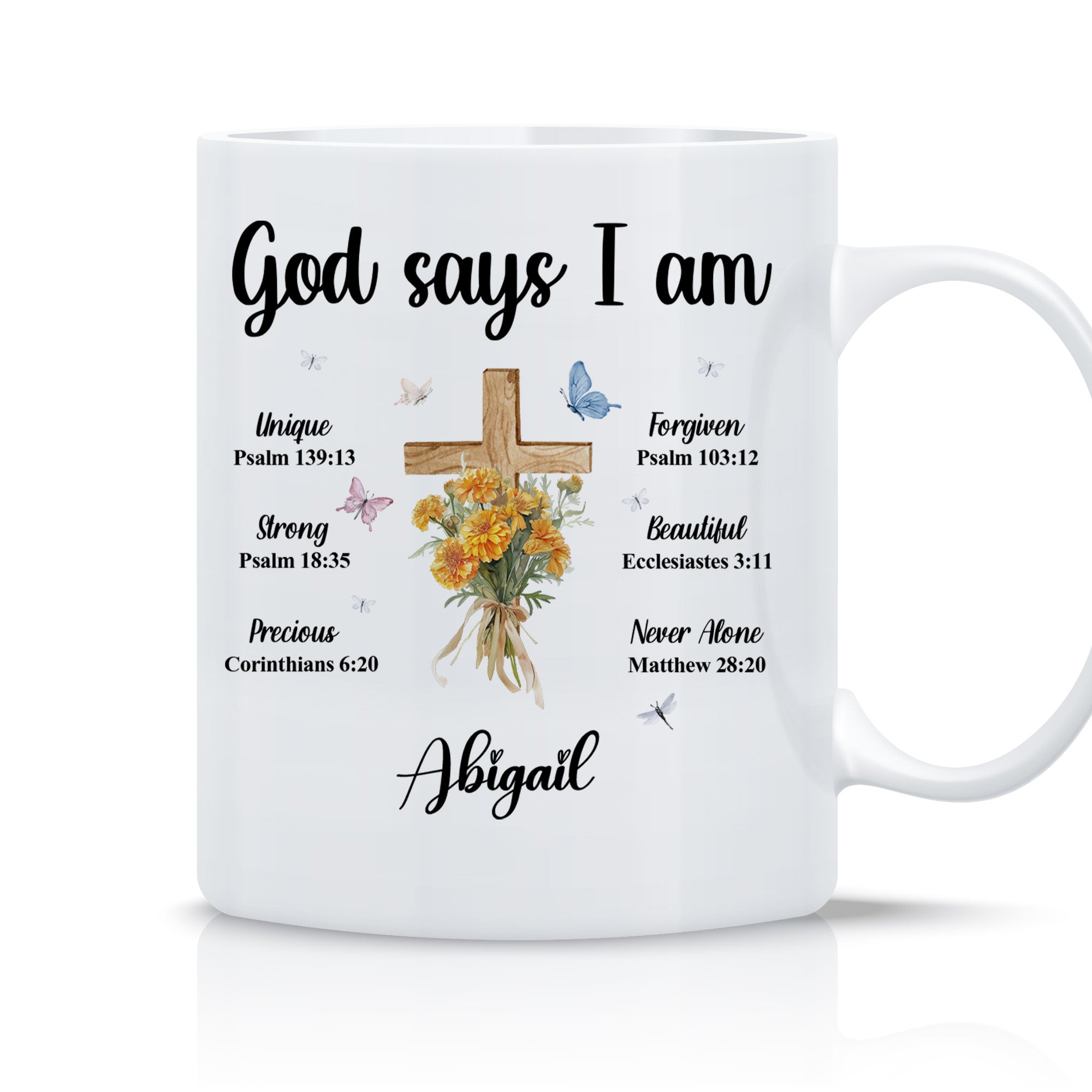 God Says I Am Personalized White Mug, Custom Name and Birth Month Flowers