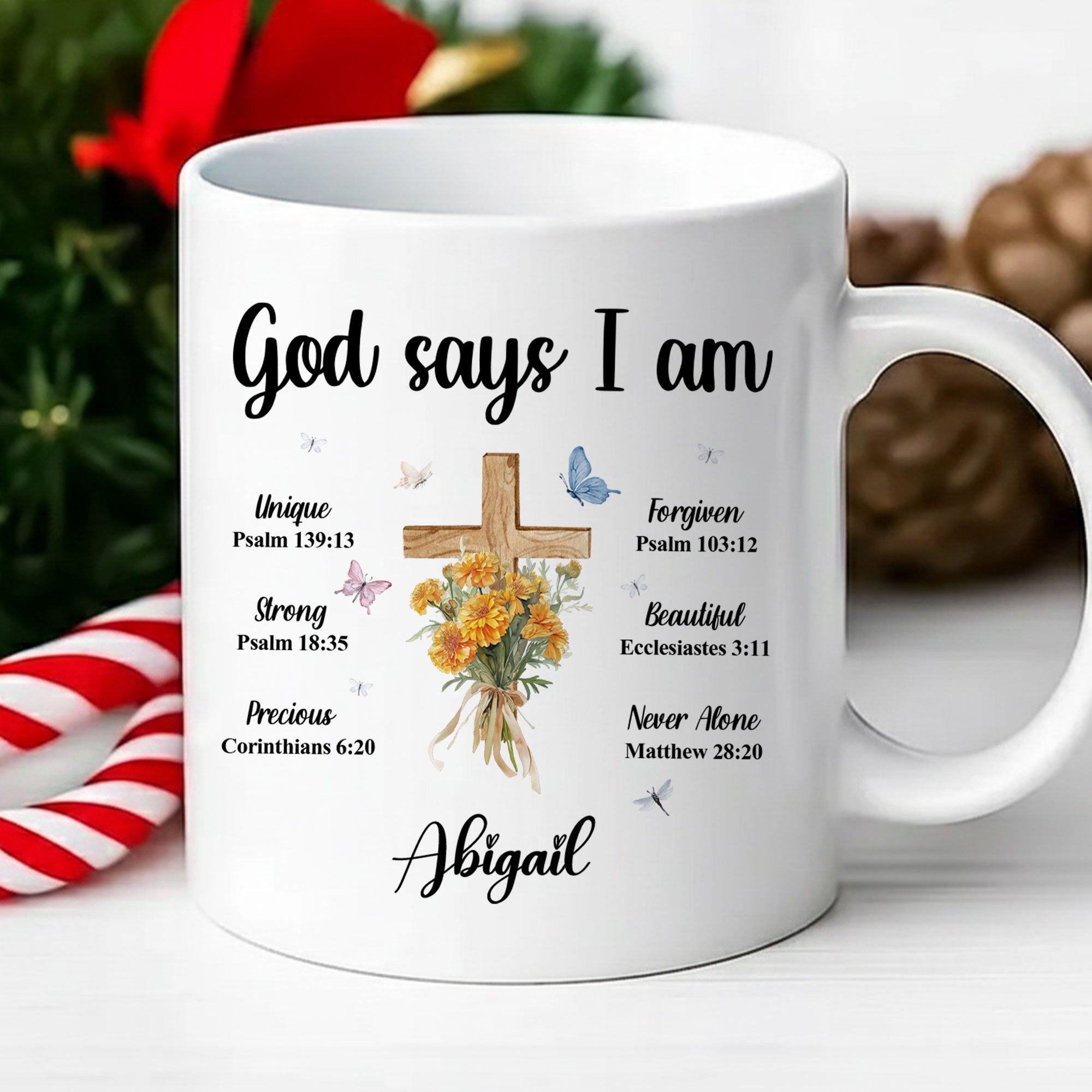God Says I Am Personalized White Mug, Custom Name and Birth Month Flowers