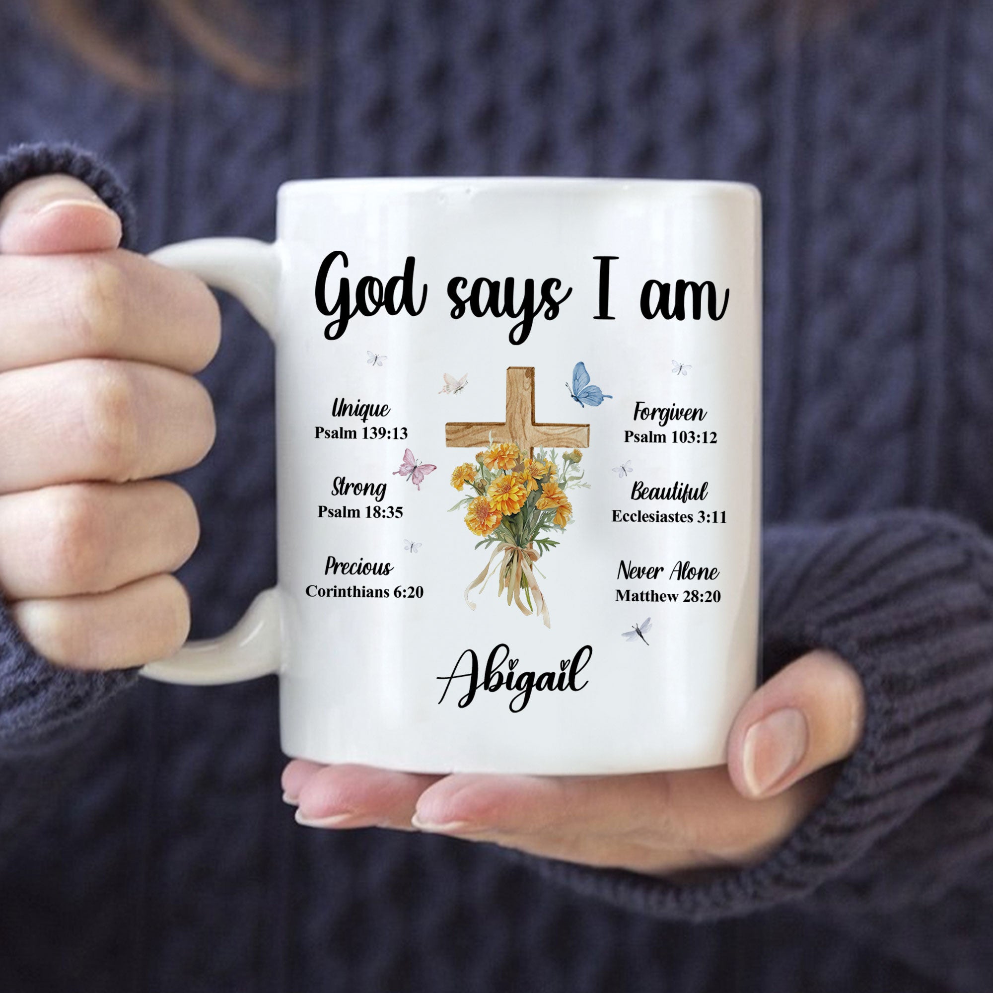 God Says I Am Personalized White Mug, Custom Name and Birth Month Flowers