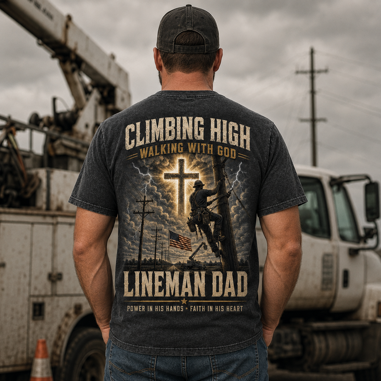 Climbing High Walking With God Lineman Dad T-Shirt