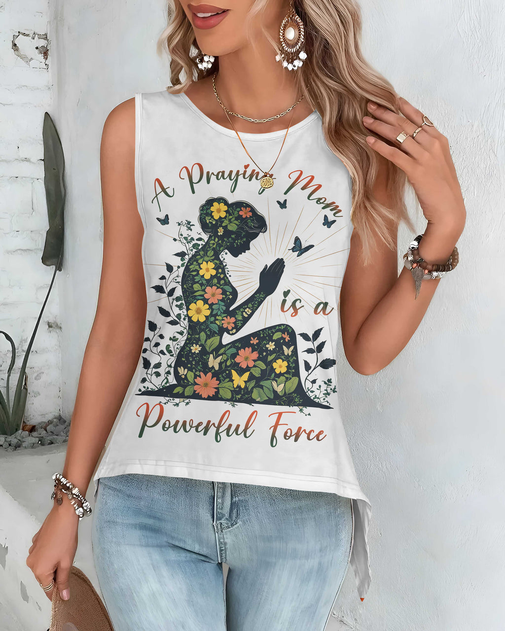 A Praying Mom is a Powerful Force Cut Out Wrap Back Tank Top