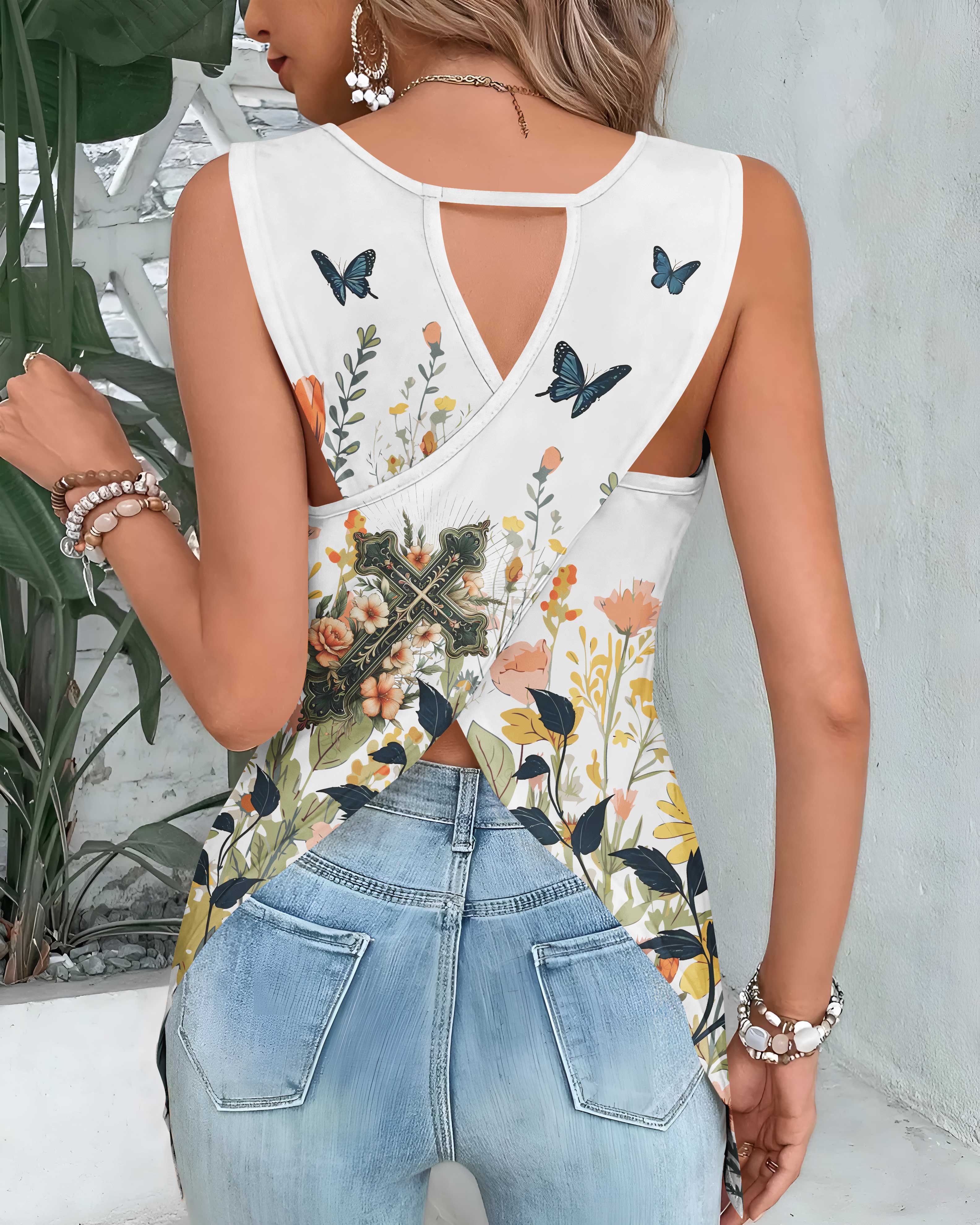 A Praying Mom is a Powerful Force Cut Out Wrap Back Tank Top