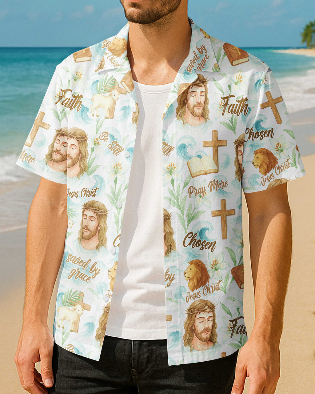 Jesus Christ Watercolor Pattern All Over Print Hawaiian T-Shirt