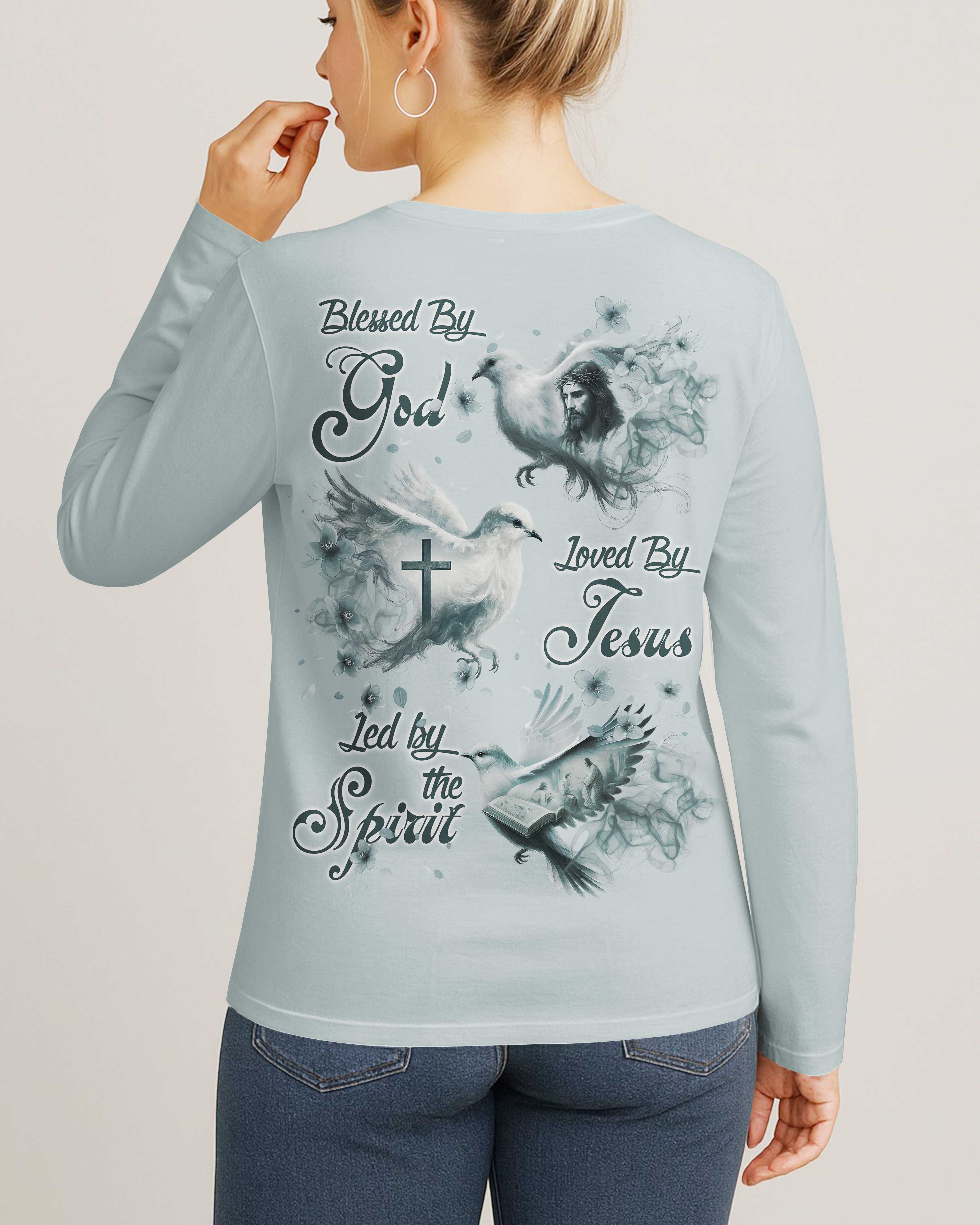 Blessed By God Loved By Jesus Led By The Spirit V-neck Long Sleeves Shirt