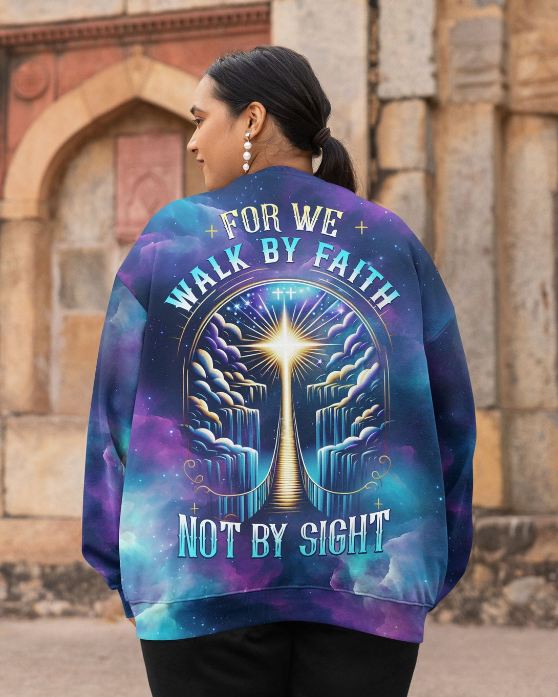 For We Walk By Faith Not By Sight All Over Print Sweater - Christ Color