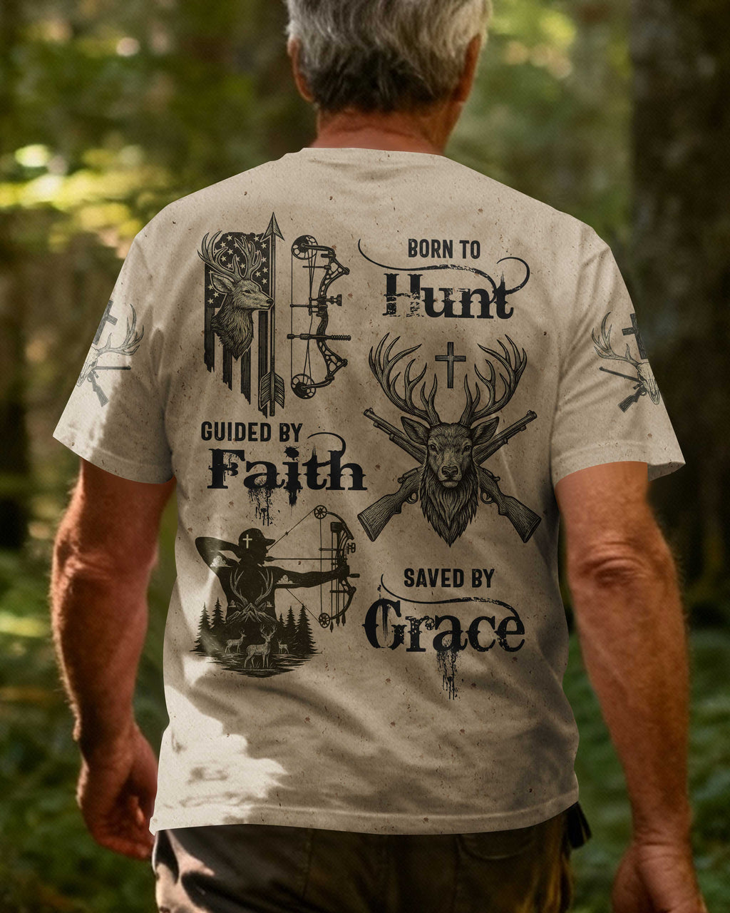 Born To Hunt Guided By Faith Saved By Grace Custom Name T-Shirt
