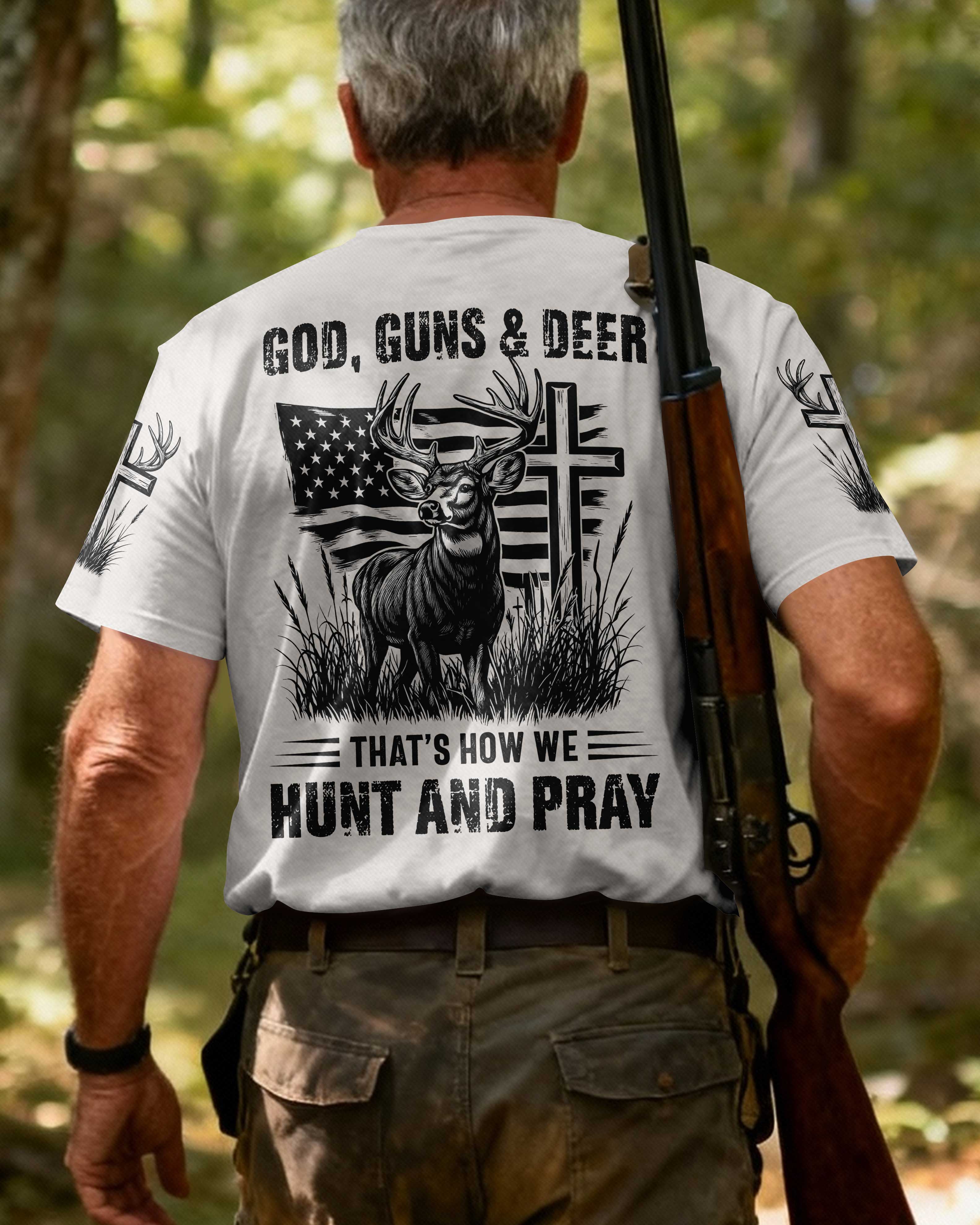 God Guns And Deer That's How We Hunt And Pray All Over Print Custom Name T-Shirt