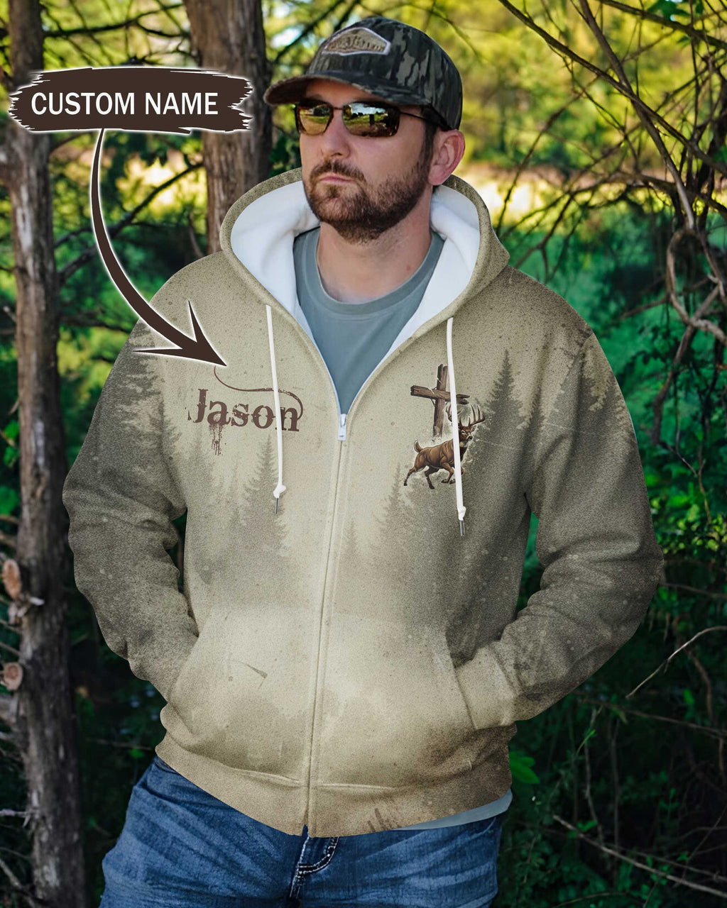 I Like Hunting And Believe In Jesus All Over Print Custom Name Zip Hoodie