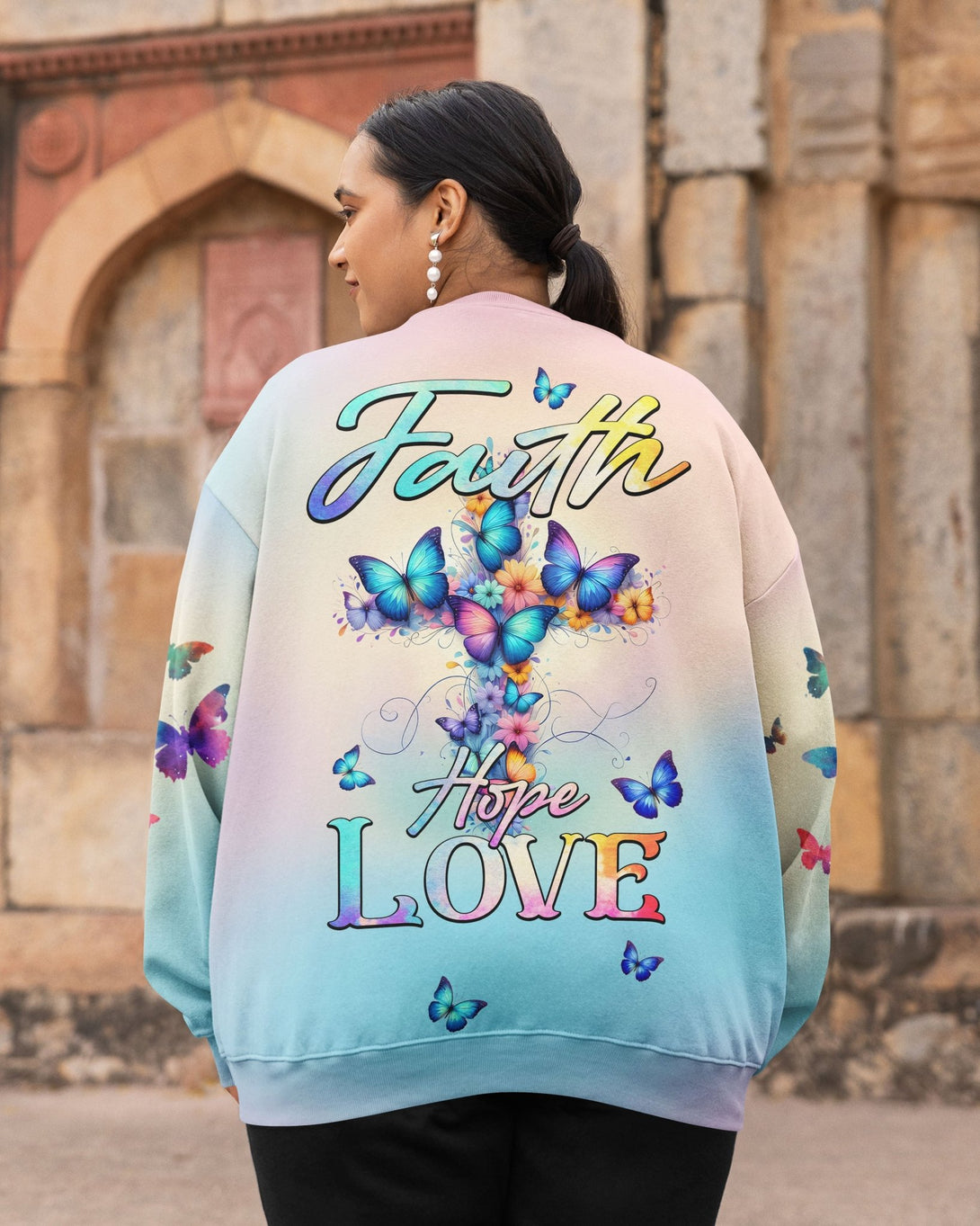 Butterfly Faith Hope Love All Over Print Sweater - Christ Color
