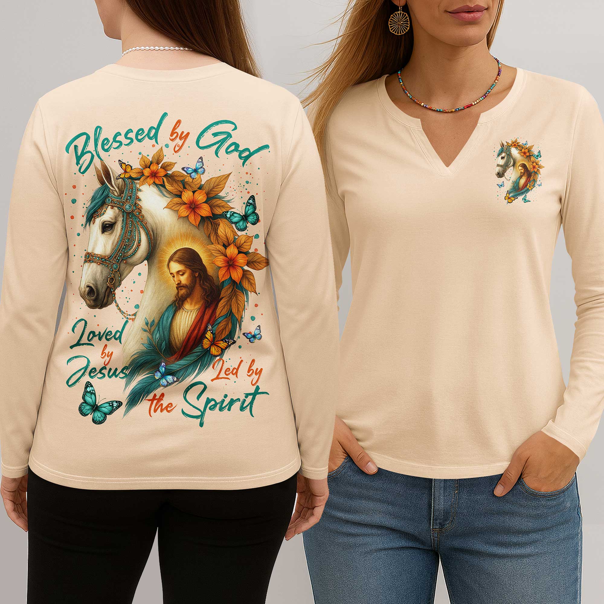 Blessed By God Loved By Jesus Led By The Spirit All Over Print V-neck Long Sleeves Shirt