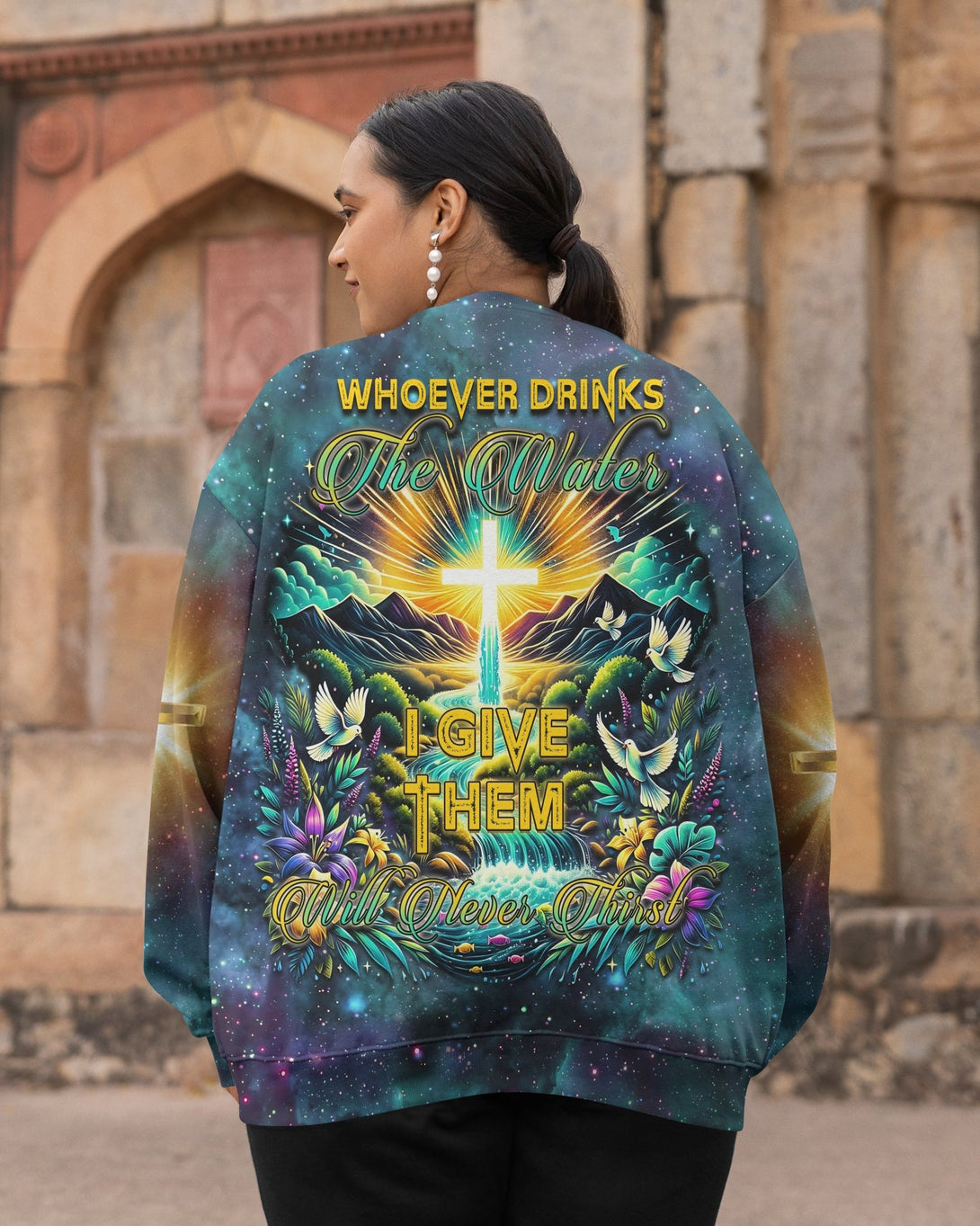 Whoever Drinks The Water I Give Them Will Never Thirst All Over Print Sweater - Christ Color