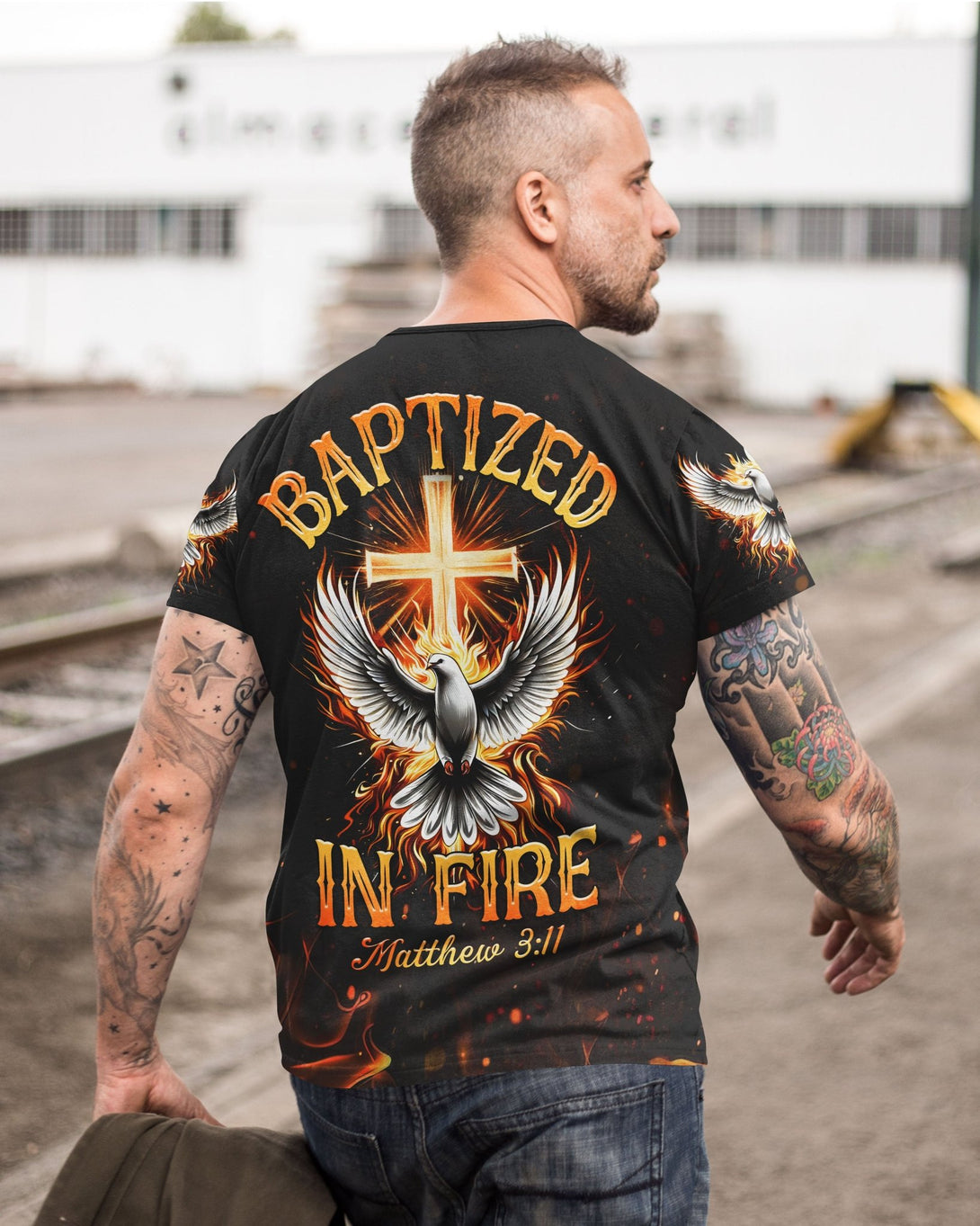 Baptized In Fire Matthew 3:11 All Over Print T-shirt - Christ Color