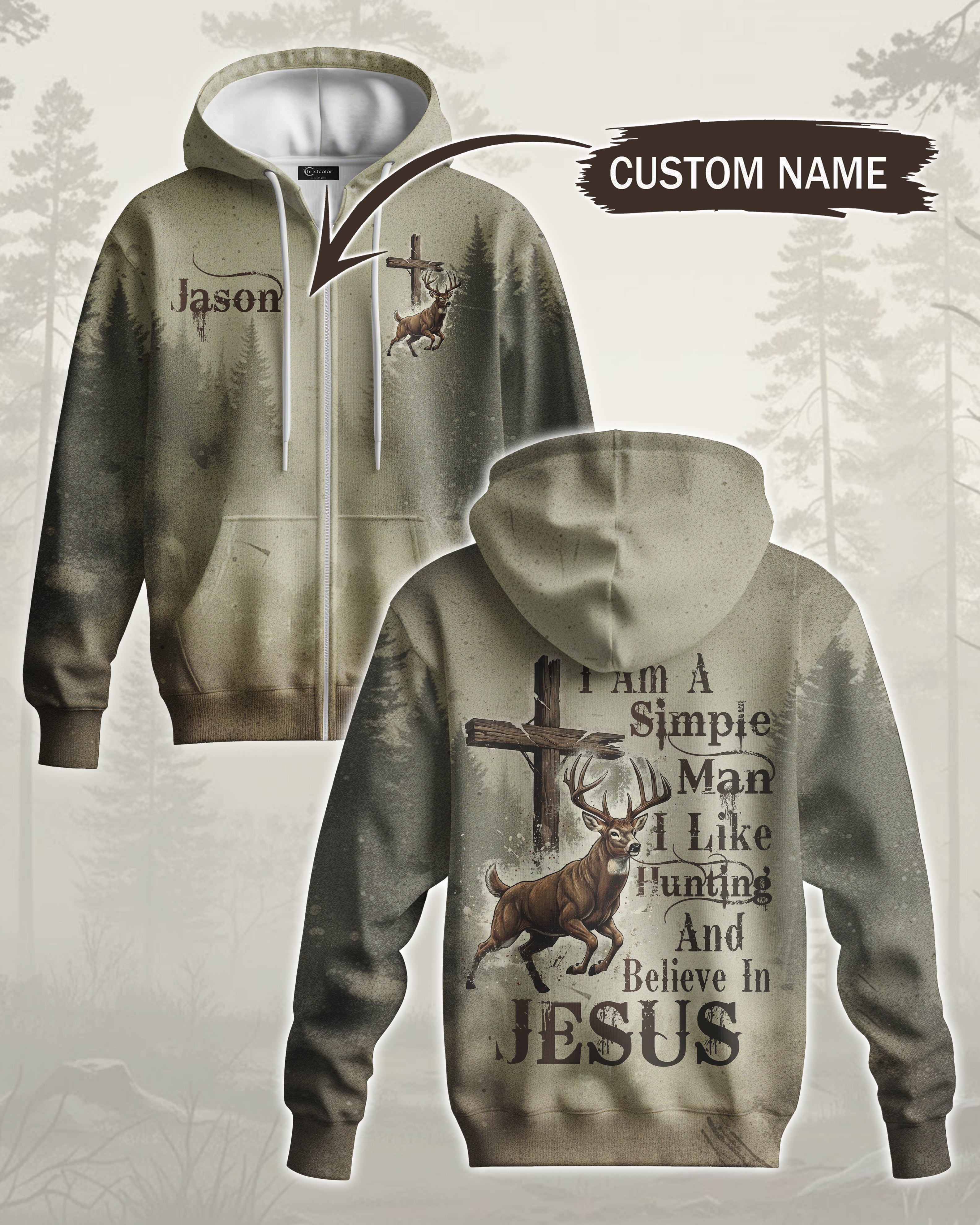 I Like Hunting And Believe In Jesus All Over Print Custom Name Zip Hoodie